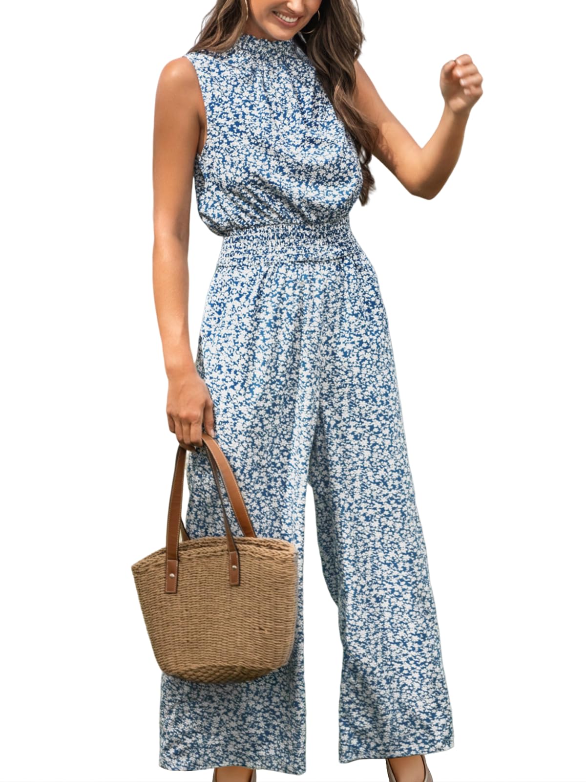 CUPSHE Women Floral Summer Maxi Jumpsuit with Pocket Mock Neck Elastic Waist Wide Leg Business Wedding Casual Holiday Dressy