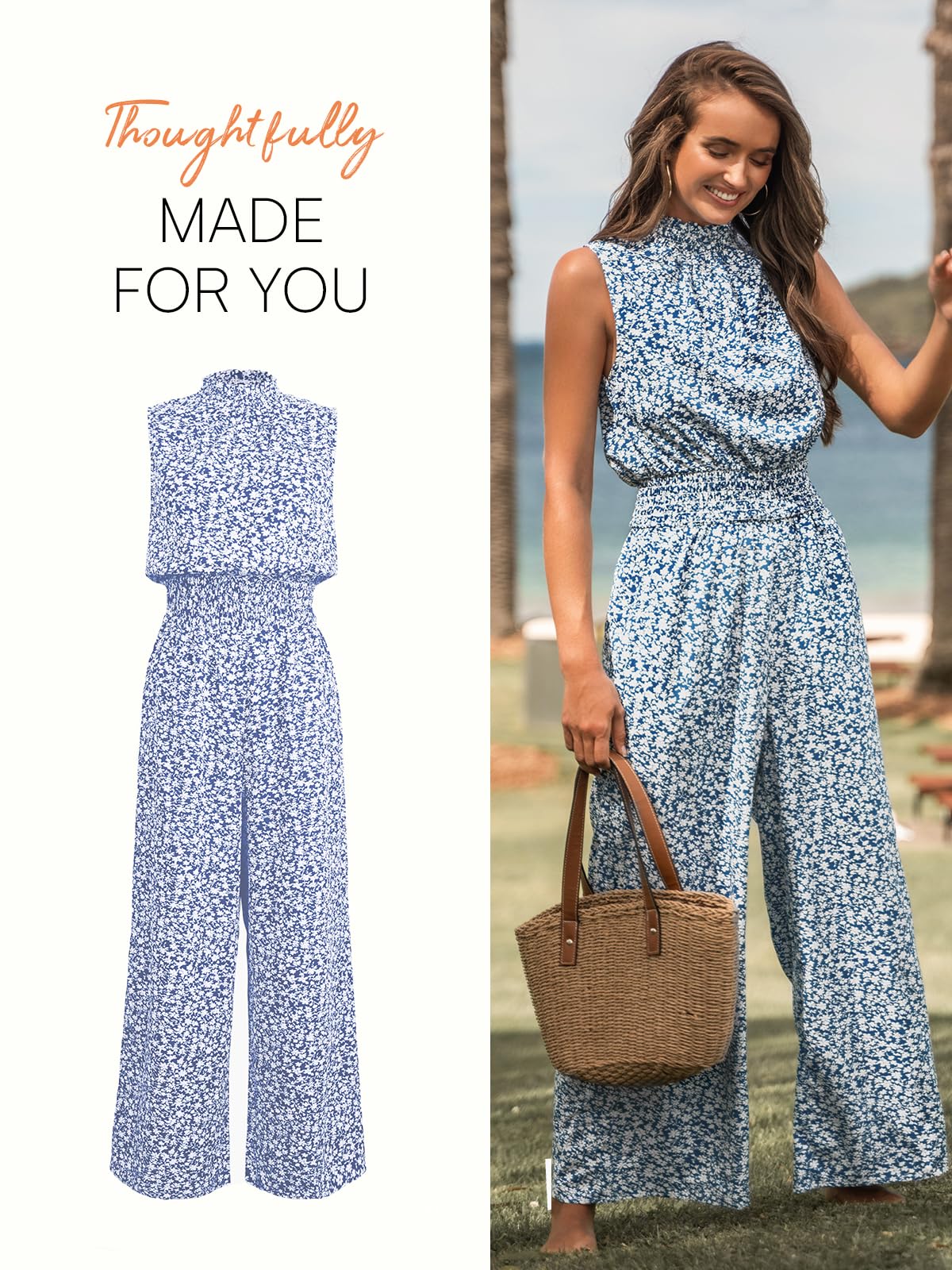 CUPSHE Women Floral Summer Maxi Jumpsuit with Pocket Mock Neck Elastic Waist Wide Leg Business Wedding Casual Holiday Dressy thumbnail