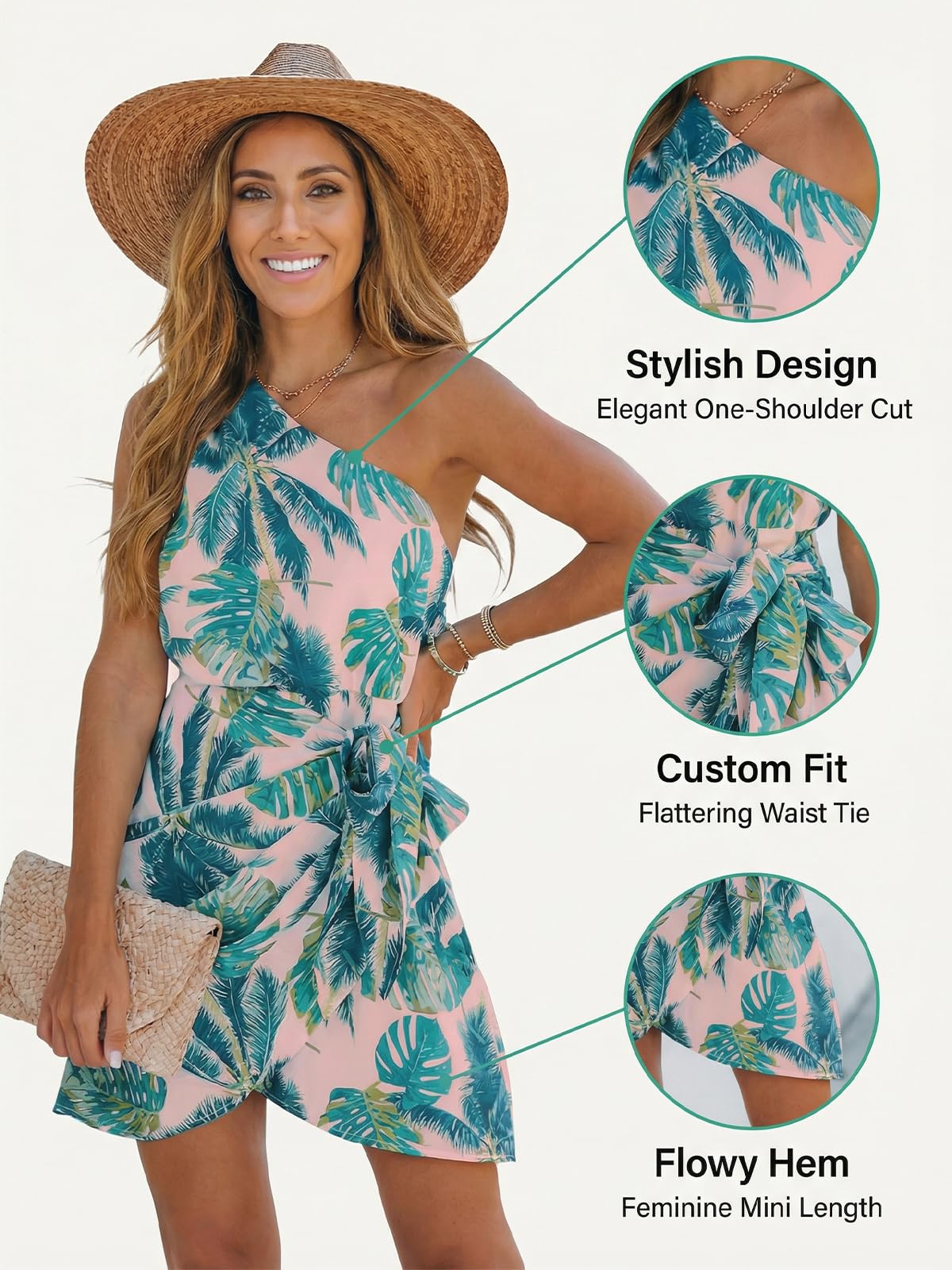 CUPSHE Women's One Shoulder Leaf Print Self-tie Short Dress Sleeveless Tiered Hem Formal Dress Casual Mini Dress thumbnail