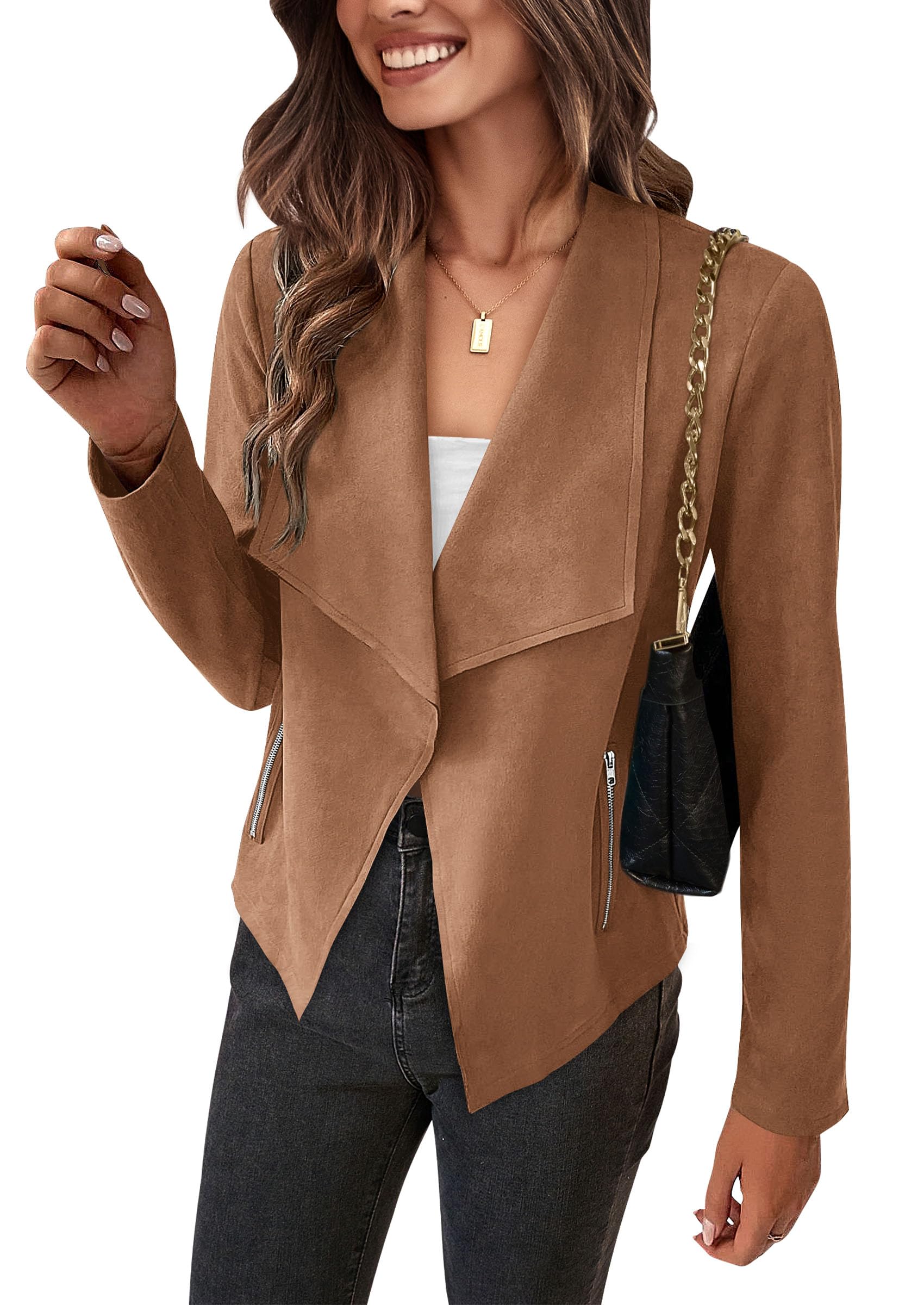 PRETTYGARDEN Women's Faux Suede Jackets 2026 Fashion Fall Clothes Long Sleeve Open Front Cropped Coat Outwear