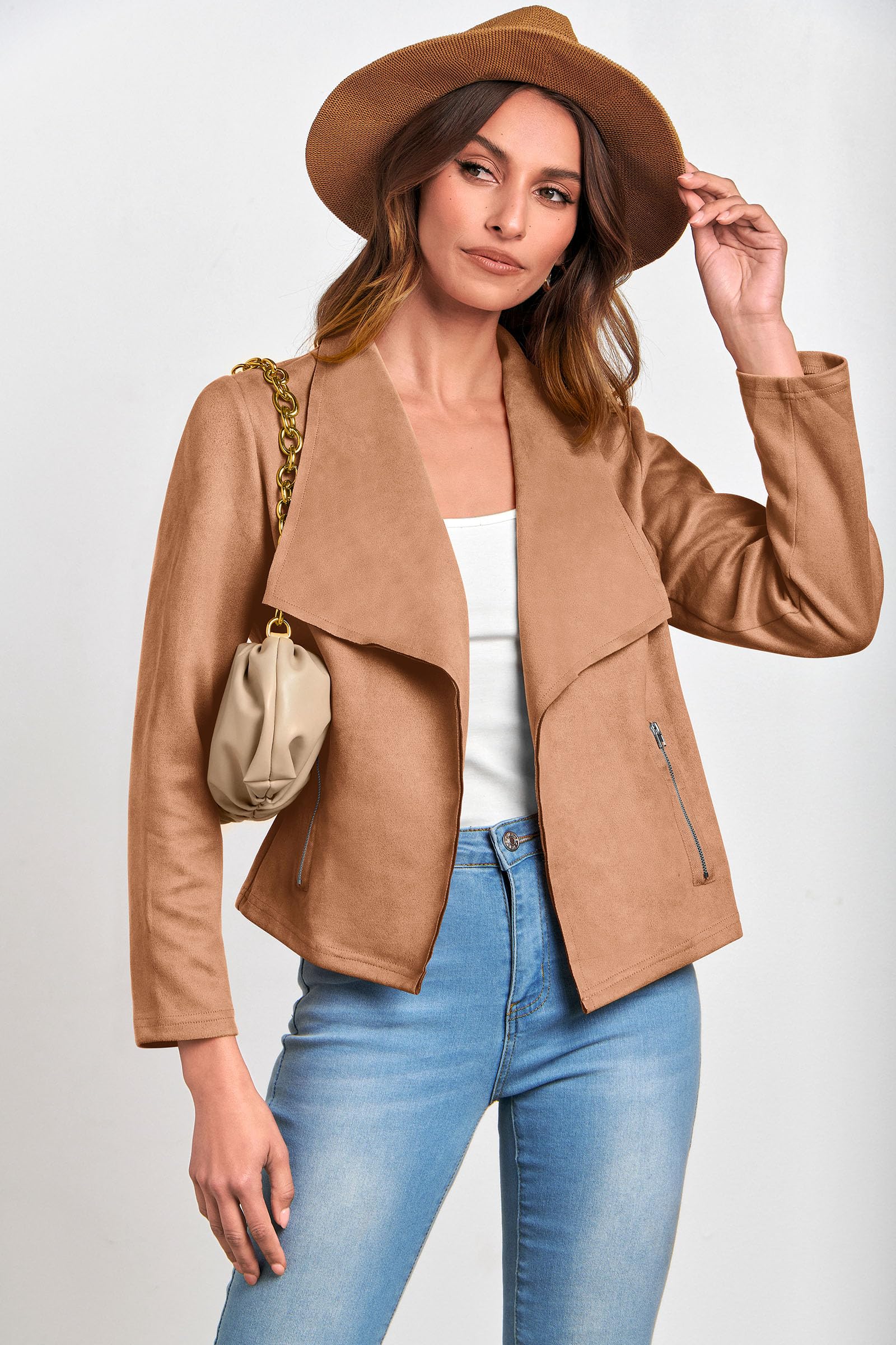 PRETTYGARDEN Women's Faux Suede Jackets 2026 Fashion Fall Clothes Long Sleeve Open Front Cropped Coat Outwear thumbnail