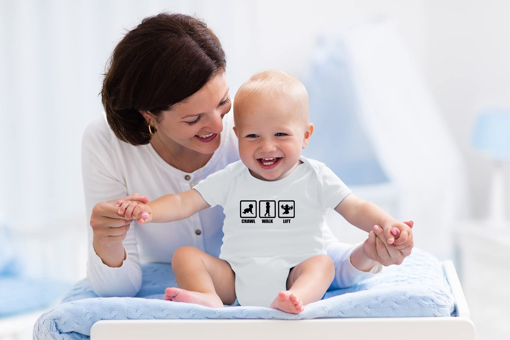 AW Fashions Crawl, Walk, Lift Baby Bodysuit Funny Cute Infant Newborn Announcement Outfit Unisex Girls Boy thumbnail