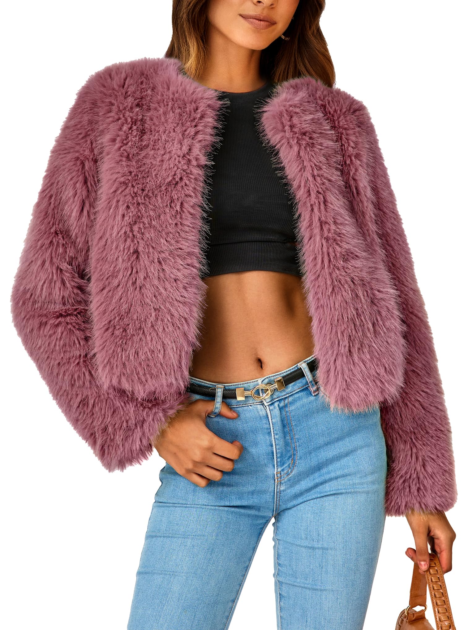 PRETTYGARDEN Women's 2026 Winter Coats Fleece Cropped Jacket Faux Fur Long Sleeve Pockets Shaggy Warm Outerwear Fall Clothes