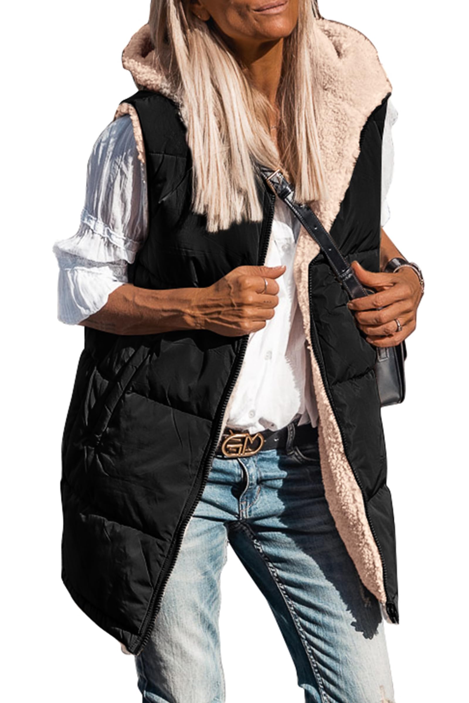 PRETTYGARDEN Womens 2026 Fall Reversible Long Vests Sleeveless Fleece Jacket Zip Up Hoodie Pockets Warm Coat Winter Clothing