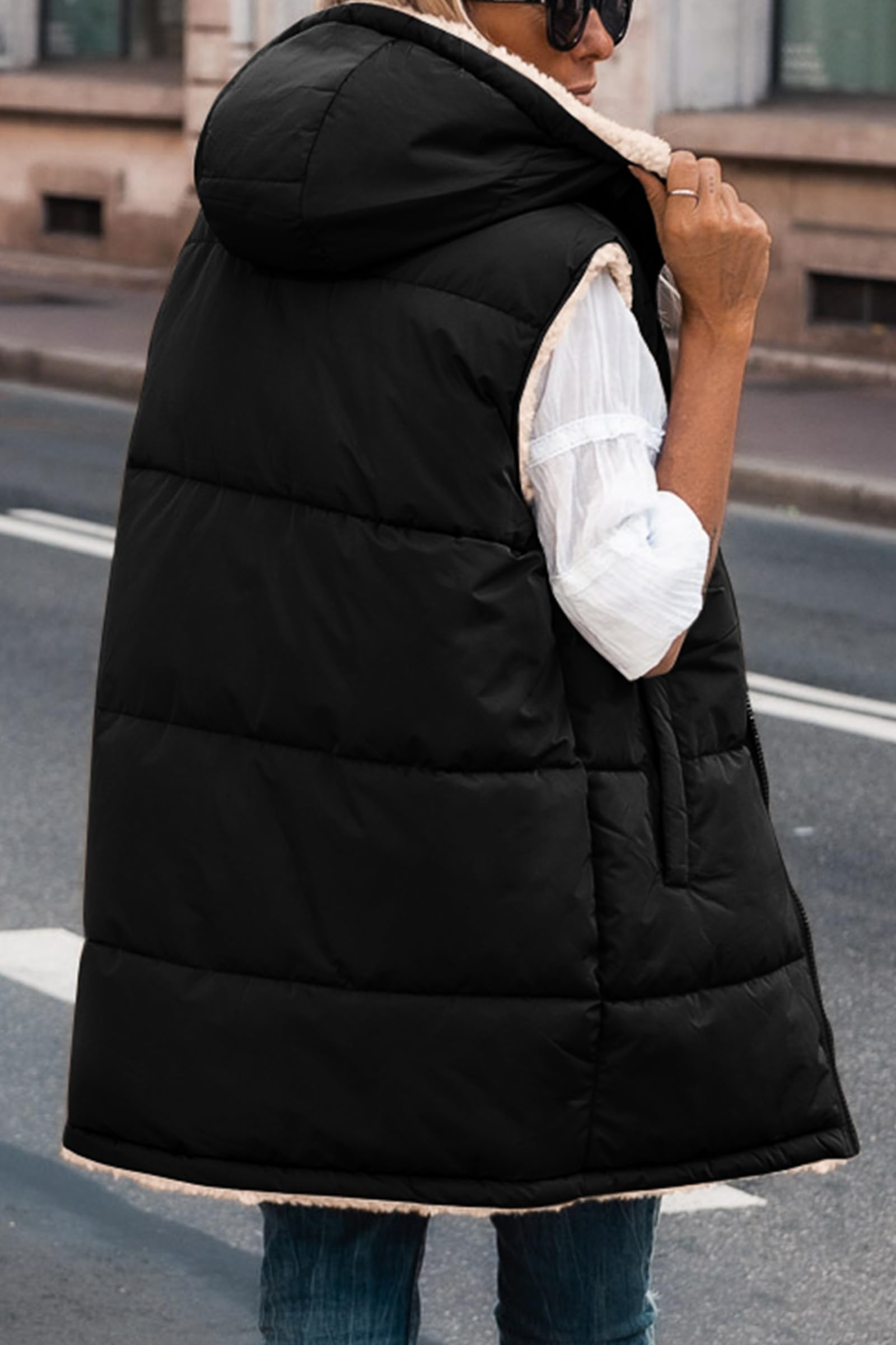 PRETTYGARDEN Womens 2026 Fall Reversible Long Vests Sleeveless Fleece Jacket Zip Up Hoodie Pockets Warm Coat Winter Clothing thumbnail