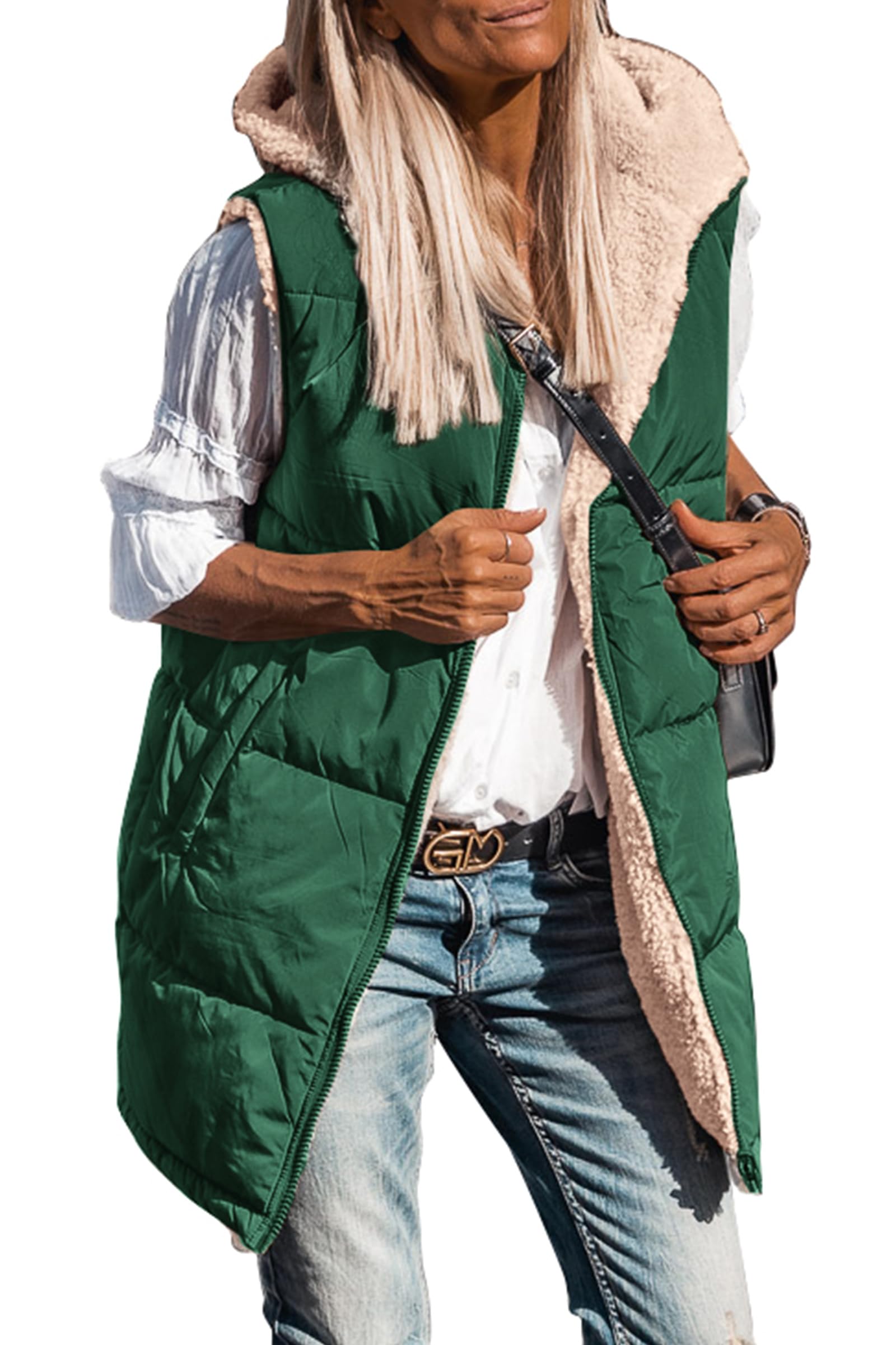 PRETTYGARDEN Womens 2026 Fall Reversible Long Vests Sleeveless Fleece Jacket Zip Up Hoodie Pockets Warm Coat Winter Clothing