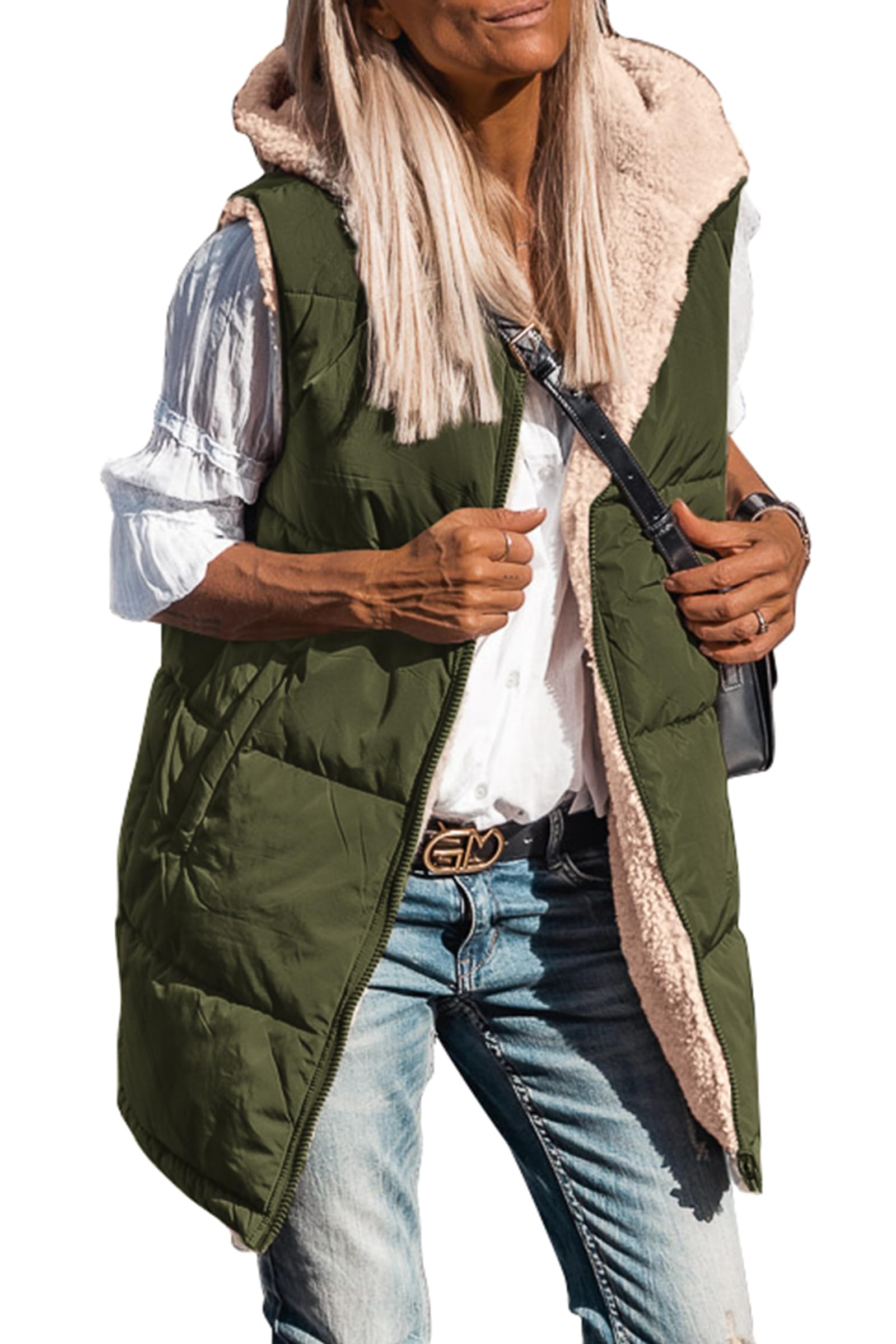 PRETTYGARDEN Womens 2026 Fall Reversible Long Vests Sleeveless Fleece Jacket Zip Up Hoodie Pockets Warm Coat Winter Clothing