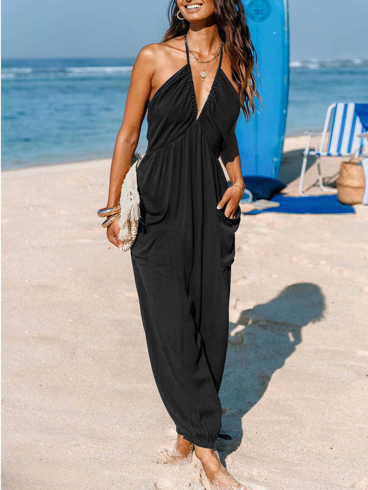 CUPSHE Women's Plunge Halter Sleeveless Pleated Long Romper Knit Jogger Maxi Jumpsuit with Pockets thumbnail