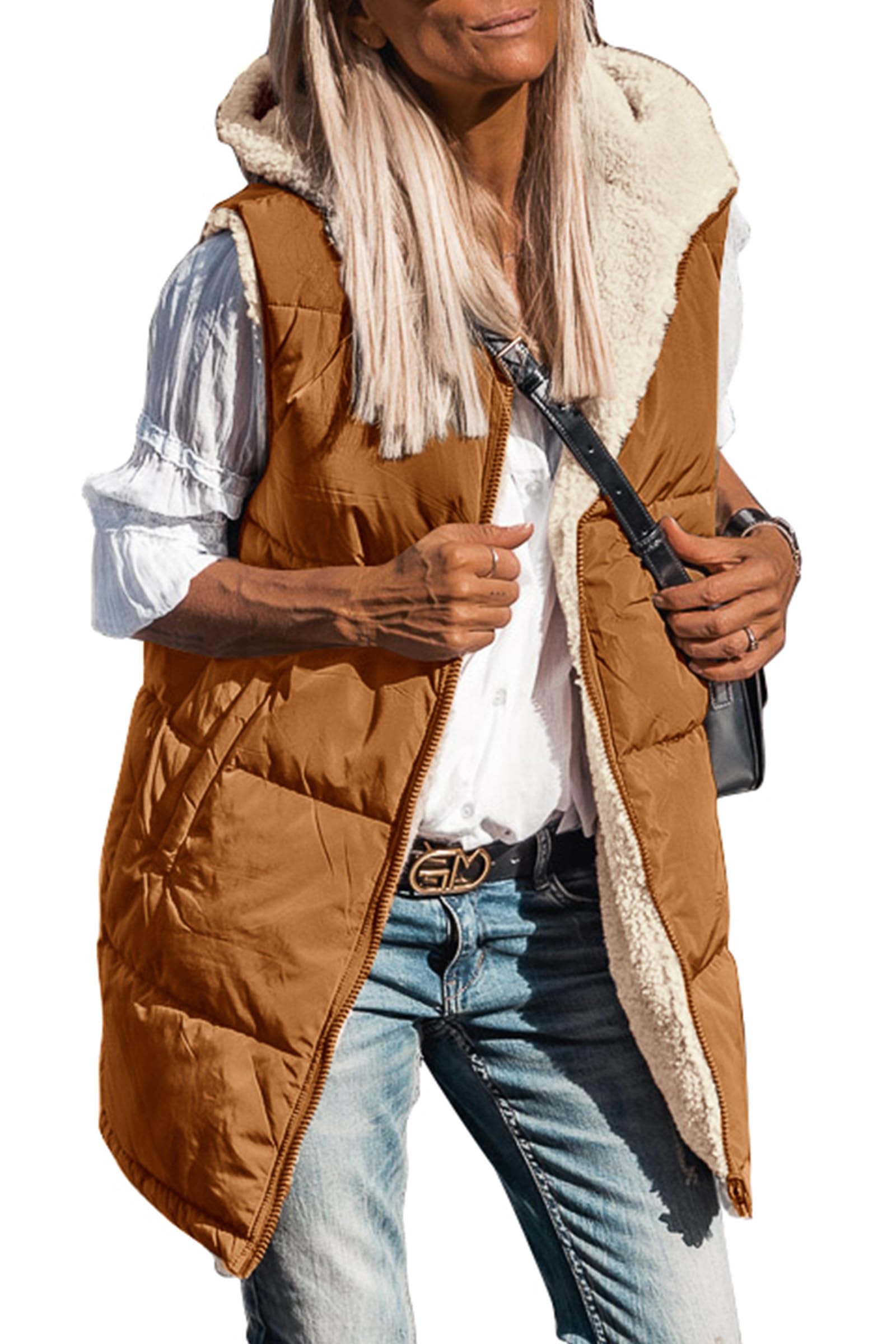 PRETTYGARDEN Womens 2026 Fall Reversible Long Vests Sleeveless Fleece Jacket Zip Up Hoodie Pockets Warm Coat Winter Clothing