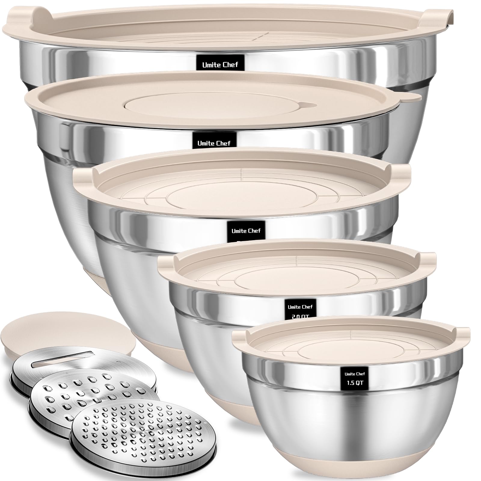 Umite Chef Mixing Bowls with Airtight Lids Set, 8PCS Stainless Steel Nesting Bowls with Grater Attachments, Non-Slip Bottoms, 5, 4, 3.5, 2, 1.5QT for Mixing & Serving