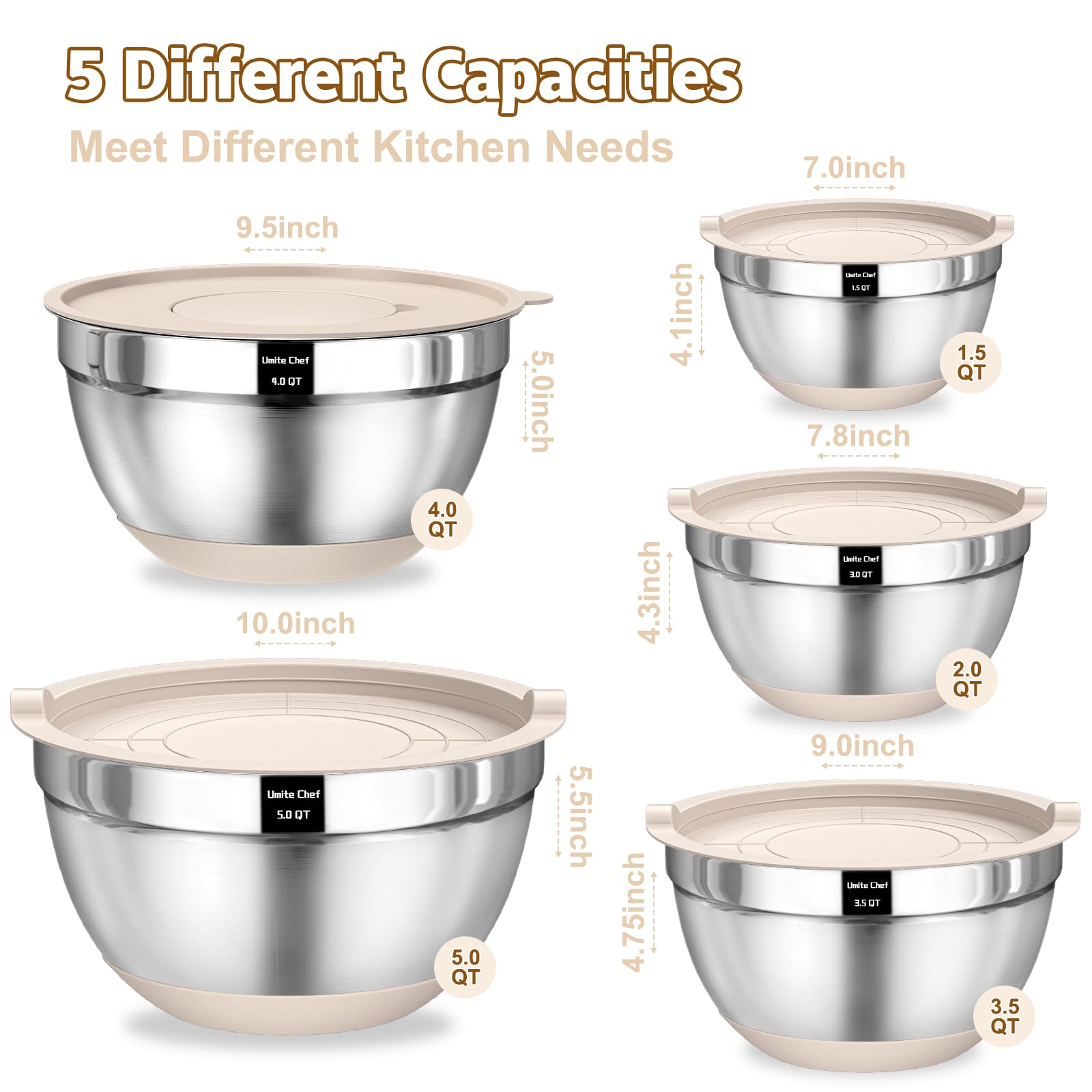Umite Chef Mixing Bowls with Airtight Lids Set, 8PCS Stainless Steel Nesting Bowls with Grater Attachments, Non-Slip Bottoms, 5, 4, 3.5, 2, 1.5QT for Mixing & Serving thumbnail