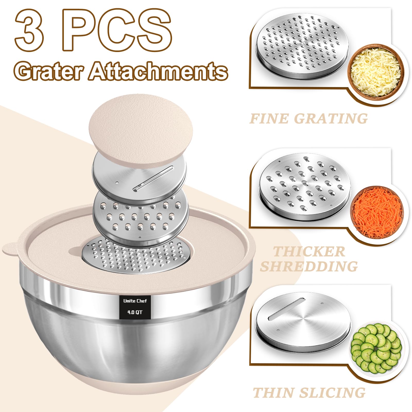 Umite Chef Mixing Bowls with Airtight Lids Set, 8PCS Stainless Steel Nesting Bowls with Grater Attachments, Non-Slip Bottoms, 5, 4, 3.5, 2, 1.5QT for Mixing & Serving thumbnail