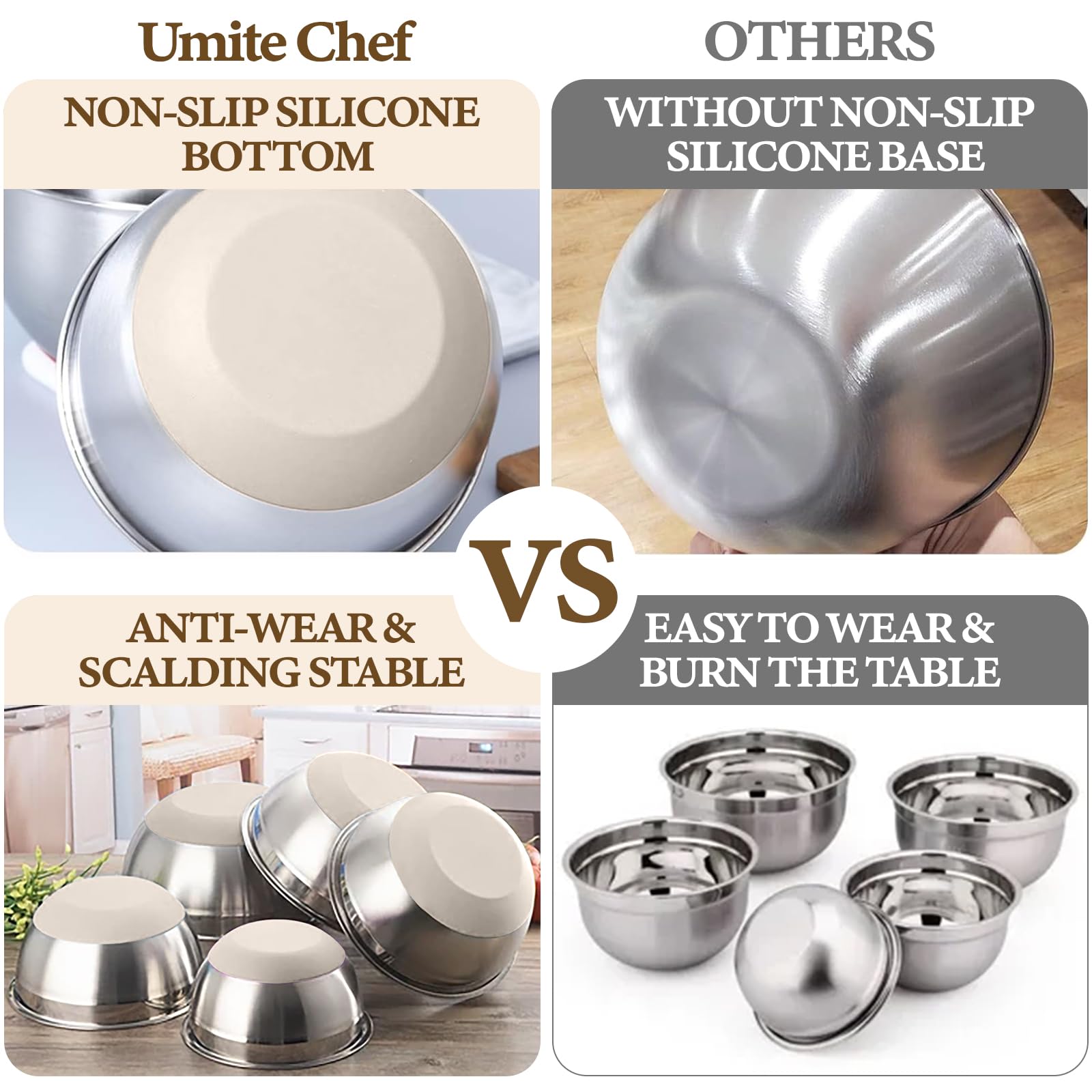 Umite Chef Mixing Bowls with Airtight Lids Set, 8PCS Stainless Steel Nesting Bowls with Grater Attachments, Non-Slip Bottoms, 5, 4, 3.5, 2, 1.5QT for Mixing & Serving thumbnail