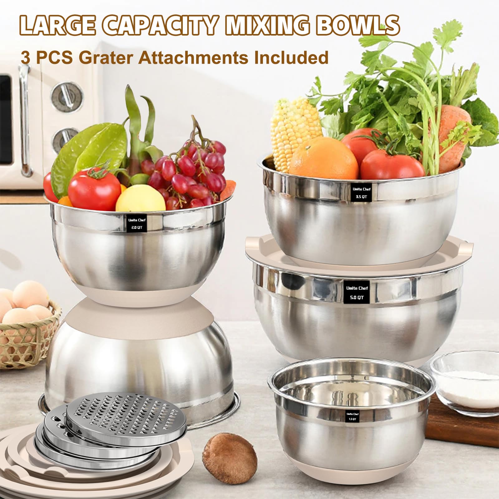 Umite Chef Mixing Bowls with Airtight Lids Set, 8PCS Stainless Steel Nesting Bowls with Grater Attachments, Non-Slip Bottoms, 5, 4, 3.5, 2, 1.5QT for Mixing & Serving thumbnail
