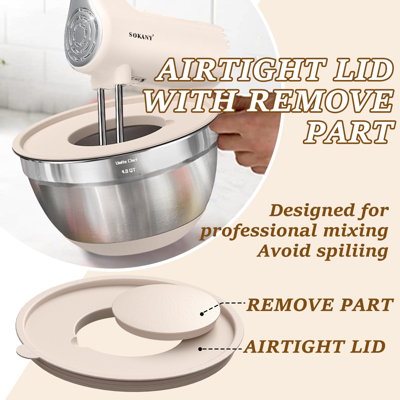 Umite Chef Mixing Bowls with Airtight Lids Set, 8PCS Stainless Steel Nesting Bowls with Grater Attachments, Non-Slip Bottoms, 5, 4, 3.5, 2, 1.5QT for Mixing & Serving thumbnail