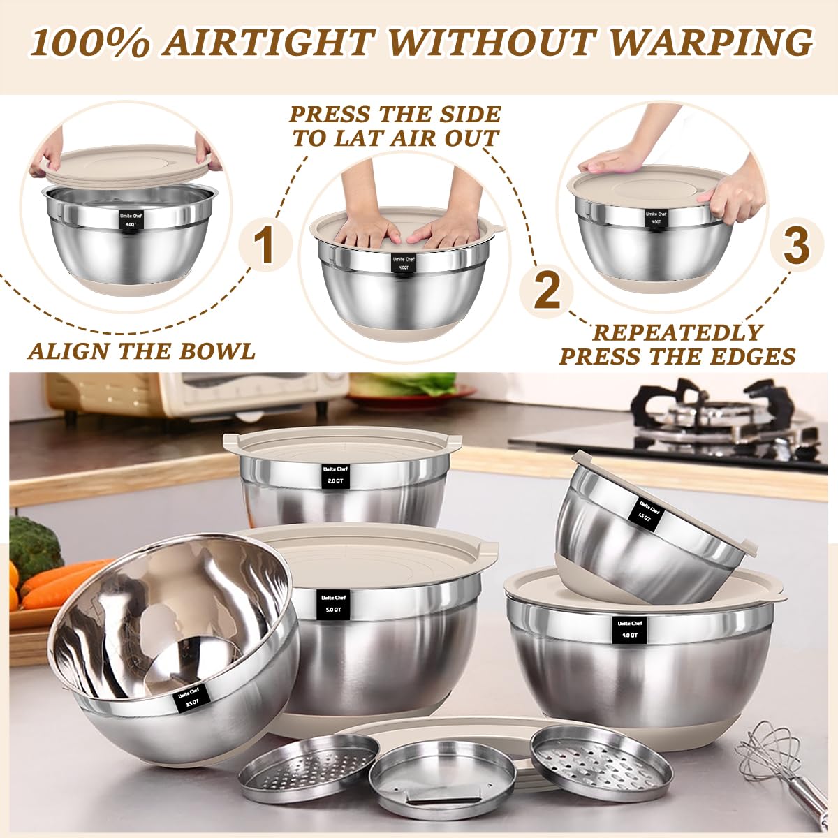 Umite Chef Mixing Bowls with Airtight Lids Set, 8PCS Stainless Steel Nesting Bowls with Grater Attachments, Non-Slip Bottoms, 5, 4, 3.5, 2, 1.5QT for Mixing & Serving thumbnail