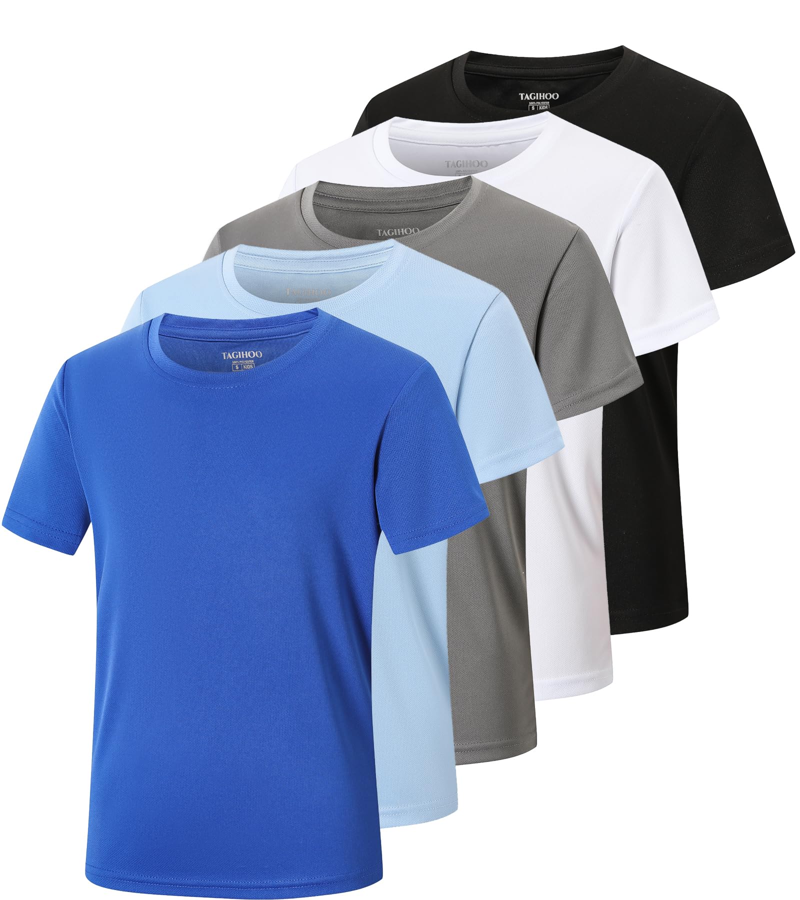 TAGIHOO 1 or 5 Pack Boys Mesh Athletic Quick Dry Short Sleeve Workout Moisture Wicking Active T-Shirt for Kids