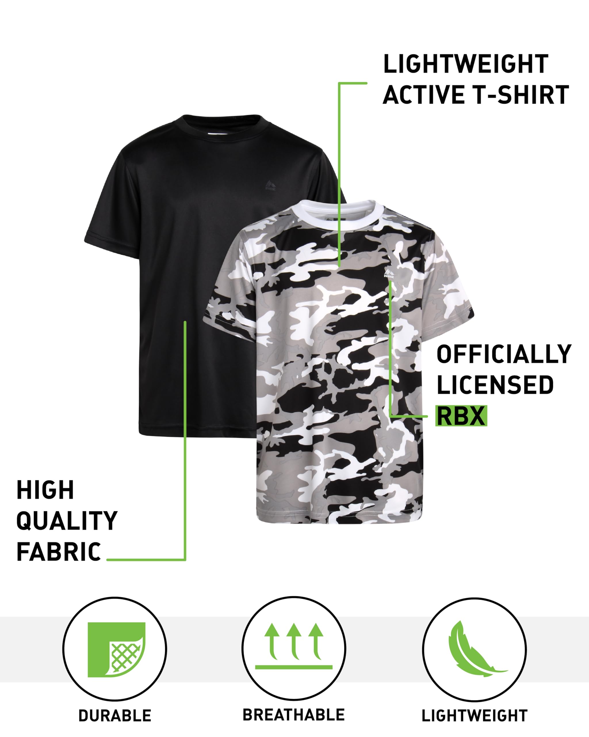 RBX Boys Shirts, 2 Pack Lightweight Crewneck Moisture Wicking Short Sleeve | Breathable Dry Feel Keeps Kids Cool, Great for Training, Practice, or Casual Wear, Pairs Easily with Everyday Bottoms thumbnail