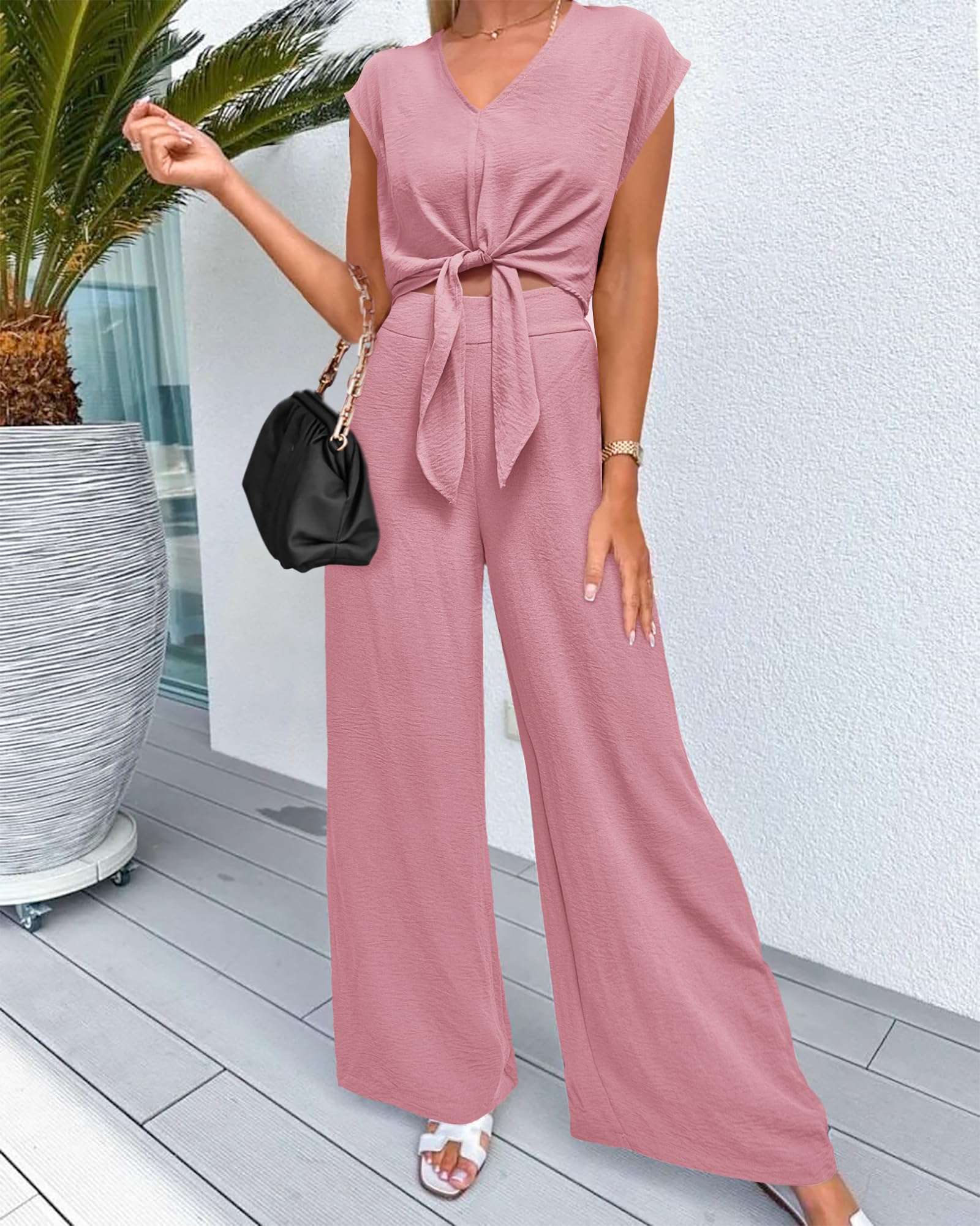 PRETTYGARDEN Women's Summer 2 Piece Outfits 2026 Cap Sleeve V Neck Belted Crop Tops Wide Leg Pant Sets Casual Tracksuit thumbnail