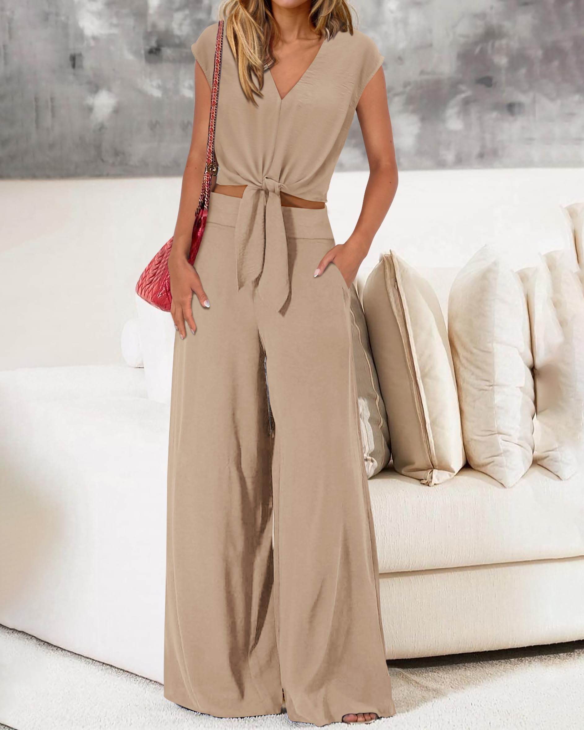 PRETTYGARDEN Women's Summer 2 Piece Outfits 2026 Cap Sleeve V Neck Belted Crop Tops Wide Leg Pant Sets Casual Tracksuit thumbnail