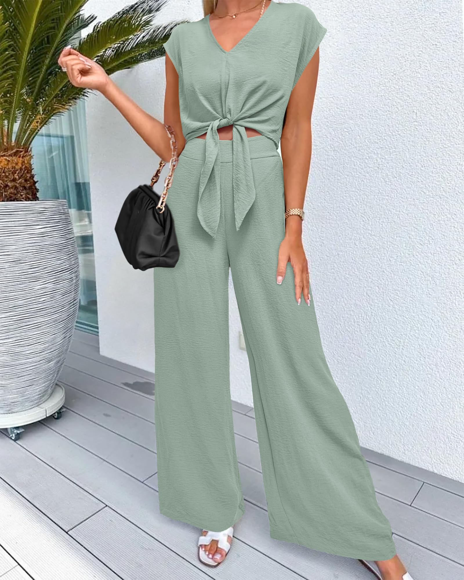PRETTYGARDEN Women's Summer 2 Piece Outfits 2026 Cap Sleeve V Neck Belted Crop Tops Wide Leg Pant Sets Casual Tracksuit thumbnail