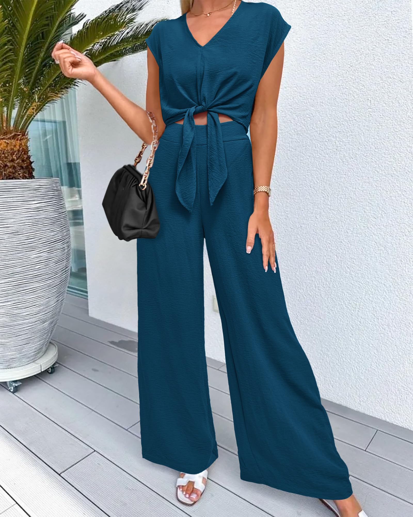 PRETTYGARDEN Women's Summer 2 Piece Outfits 2026 Cap Sleeve V Neck Belted Crop Tops Wide Leg Pant Sets Casual Tracksuit thumbnail