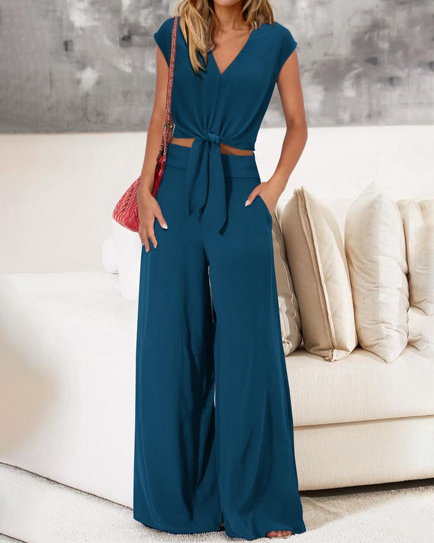 PRETTYGARDEN Women's Summer 2 Piece Outfits 2026 Cap Sleeve V Neck Belted Crop Tops Wide Leg Pant Sets Casual Tracksuit thumbnail