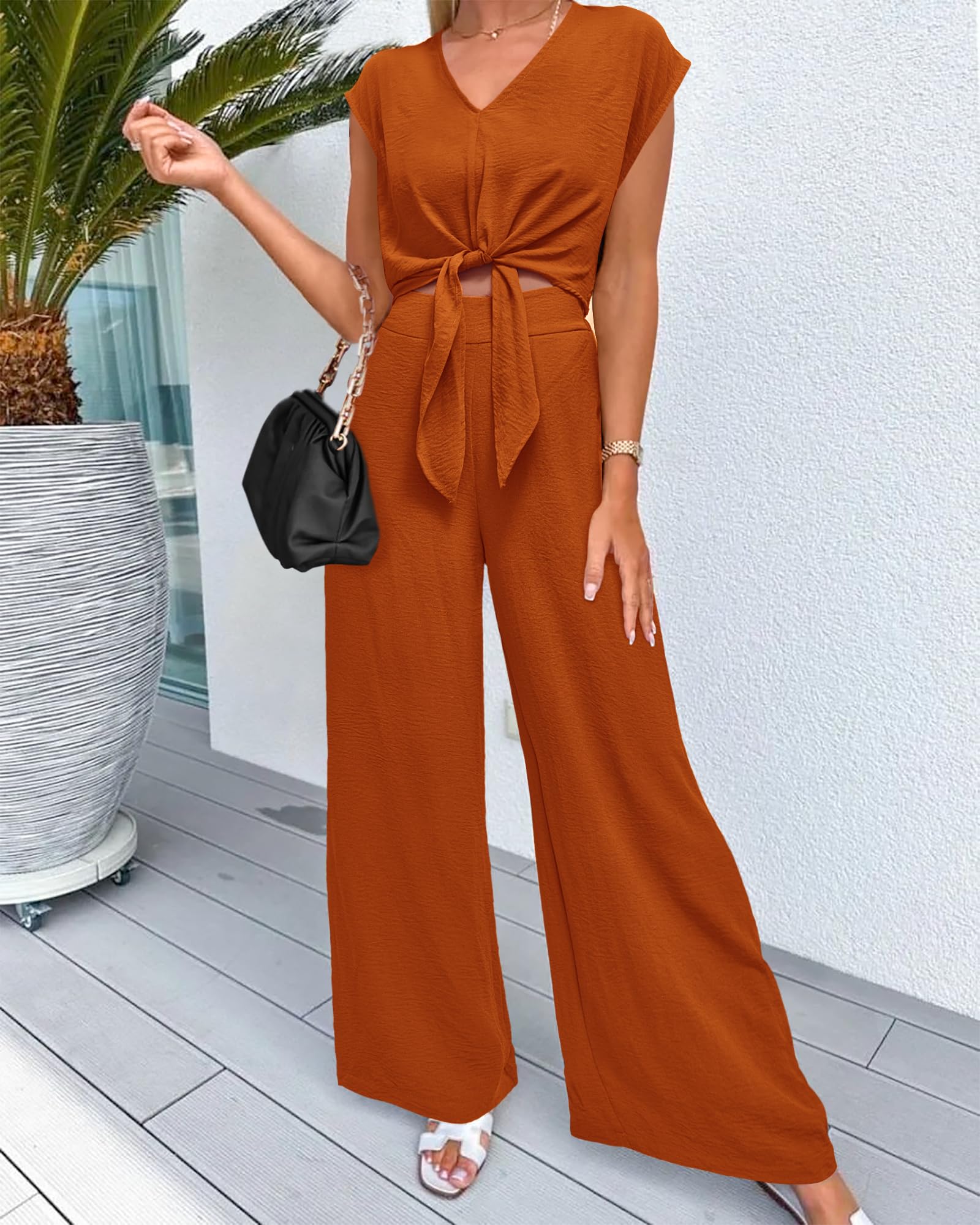 PRETTYGARDEN Women's Summer 2 Piece Outfits 2026 Cap Sleeve V Neck Belted Crop Tops Wide Leg Pant Sets Casual Tracksuit thumbnail
