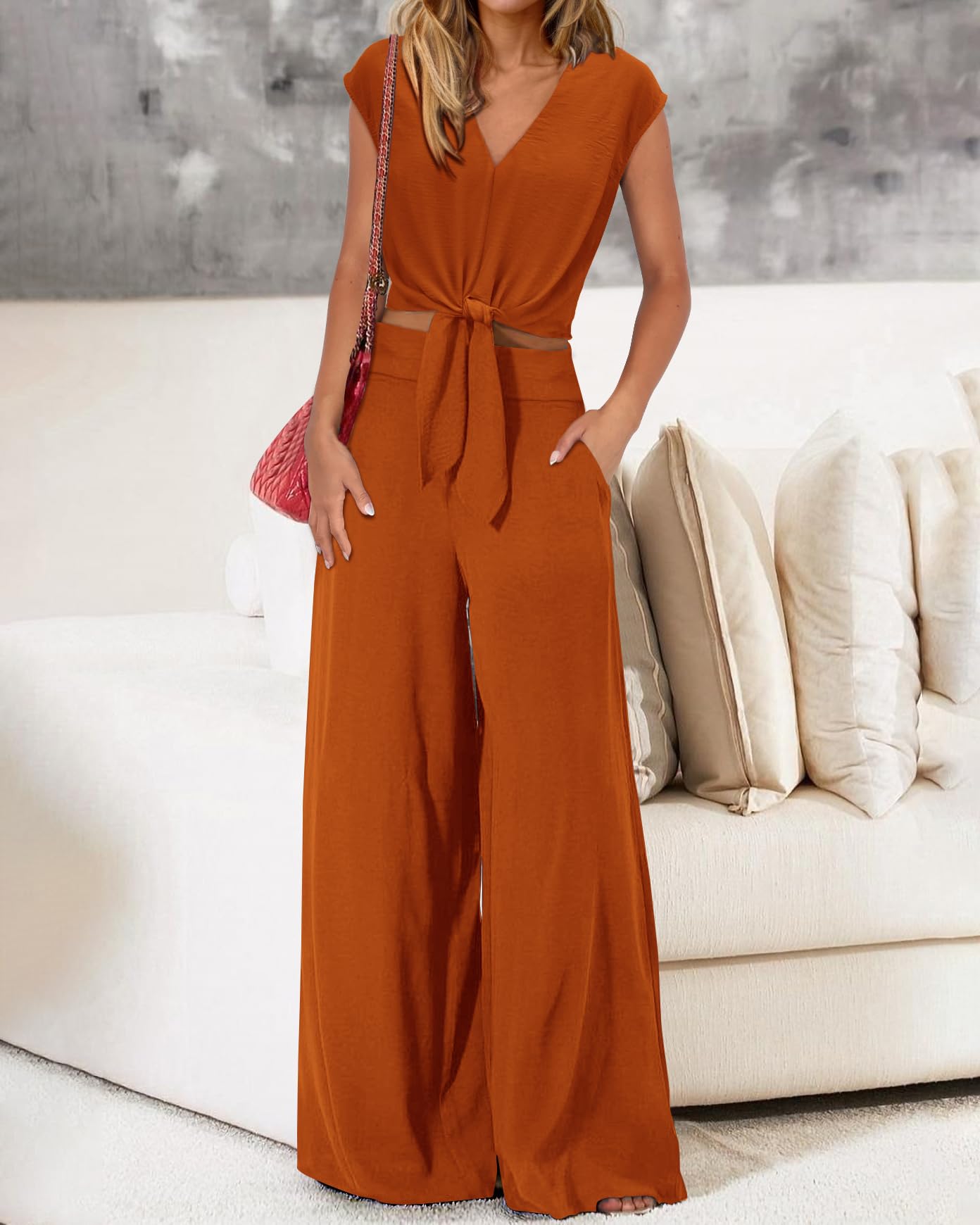 PRETTYGARDEN Women's Summer 2 Piece Outfits 2026 Cap Sleeve V Neck Belted Crop Tops Wide Leg Pant Sets Casual Tracksuit thumbnail