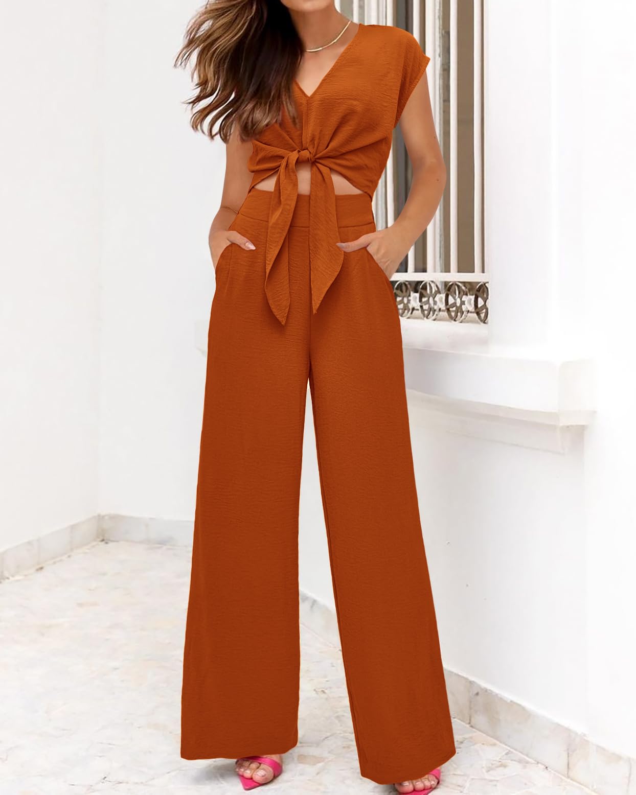 PRETTYGARDEN Women's Summer 2 Piece Outfits 2026 Cap Sleeve V Neck Belted Crop Tops Wide Leg Pant Sets Casual Tracksuit thumbnail