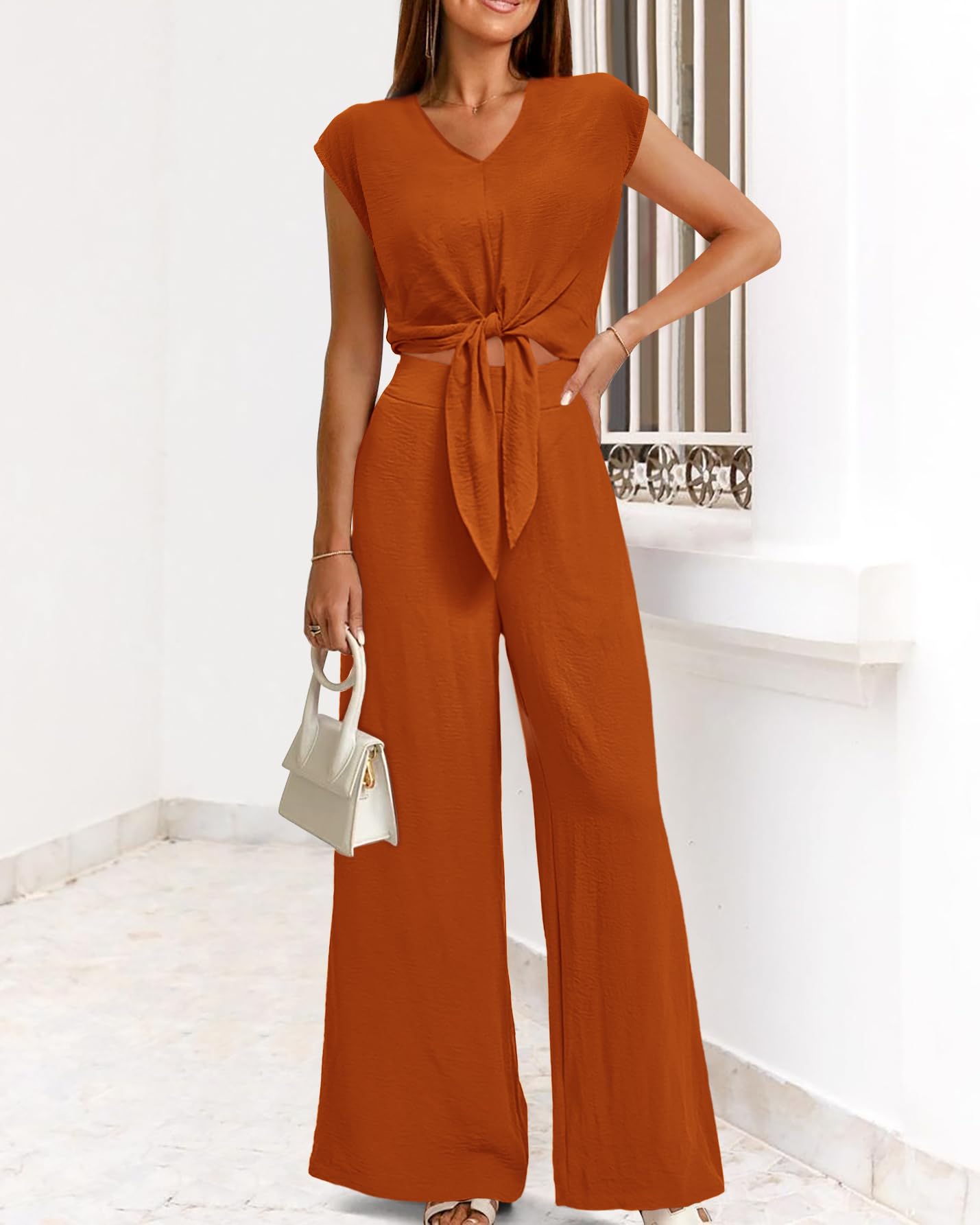 PRETTYGARDEN Women's Summer 2 Piece Outfits 2026 Cap Sleeve V Neck Belted Crop Tops Wide Leg Pant Sets Casual Tracksuit thumbnail