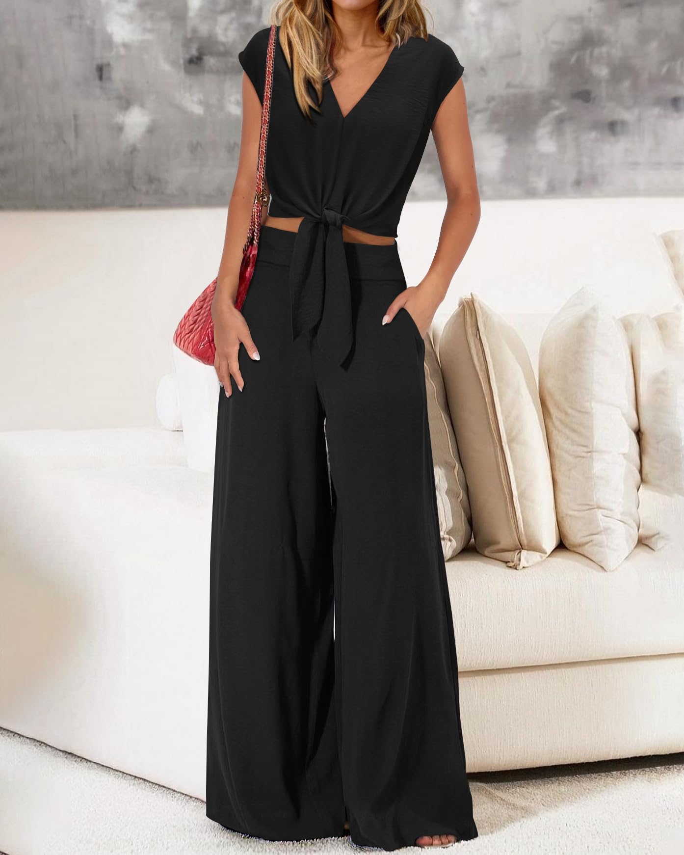PRETTYGARDEN Women's Summer 2 Piece Outfits 2026 Cap Sleeve V Neck Belted Crop Tops Wide Leg Pant Sets Casual Tracksuit thumbnail