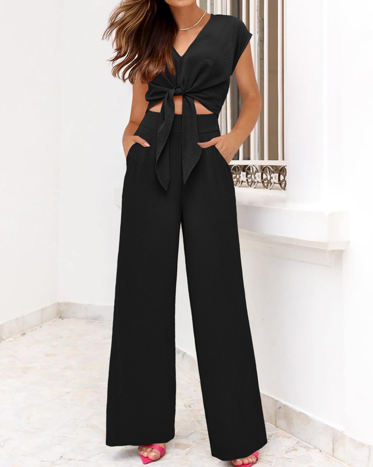 PRETTYGARDEN Women's Summer 2 Piece Outfits 2026 Cap Sleeve V Neck Belted Crop Tops Wide Leg Pant Sets Casual Tracksuit thumbnail
