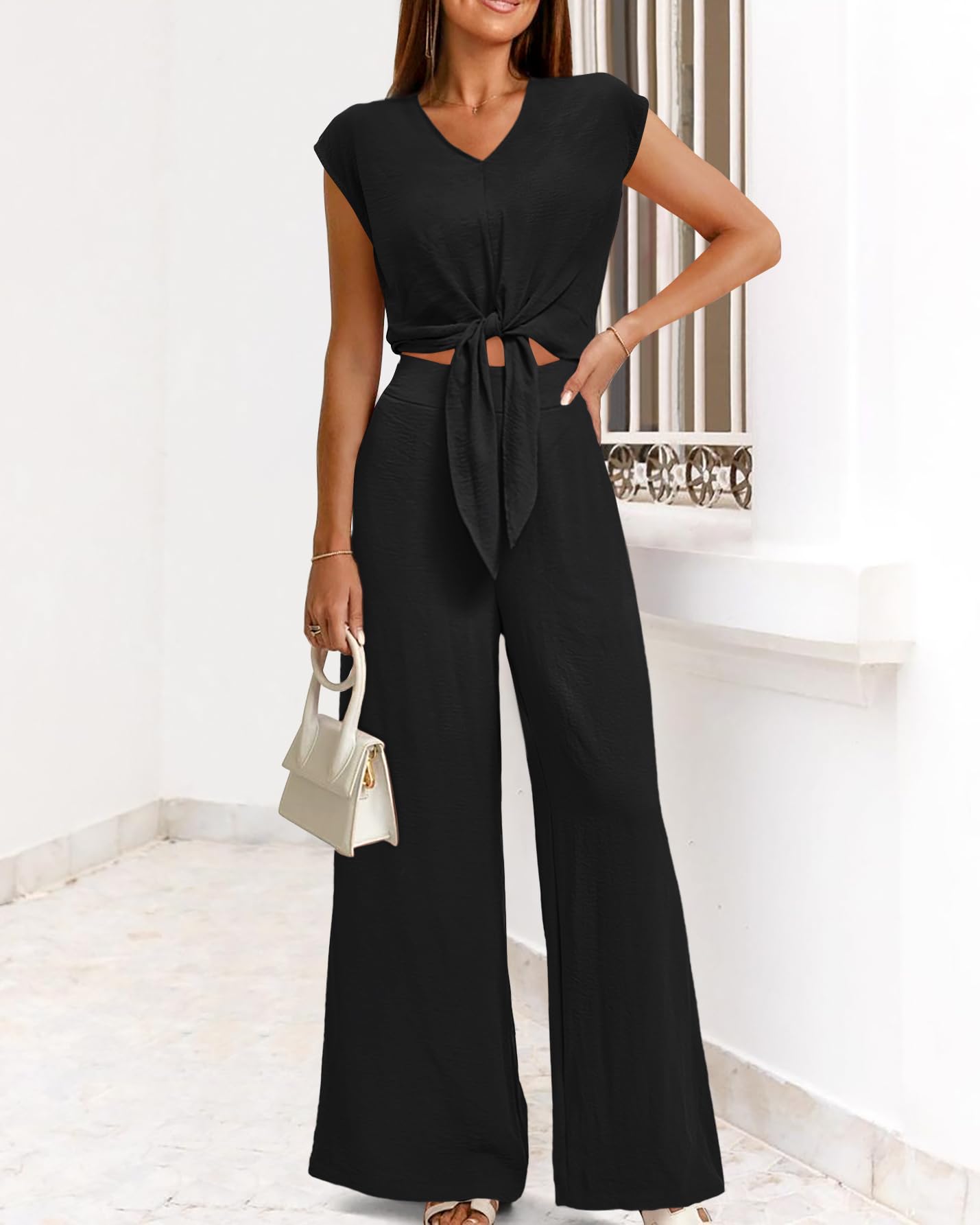 PRETTYGARDEN Women's Summer 2 Piece Outfits 2026 Cap Sleeve V Neck Belted Crop Tops Wide Leg Pant Sets Casual Tracksuit thumbnail