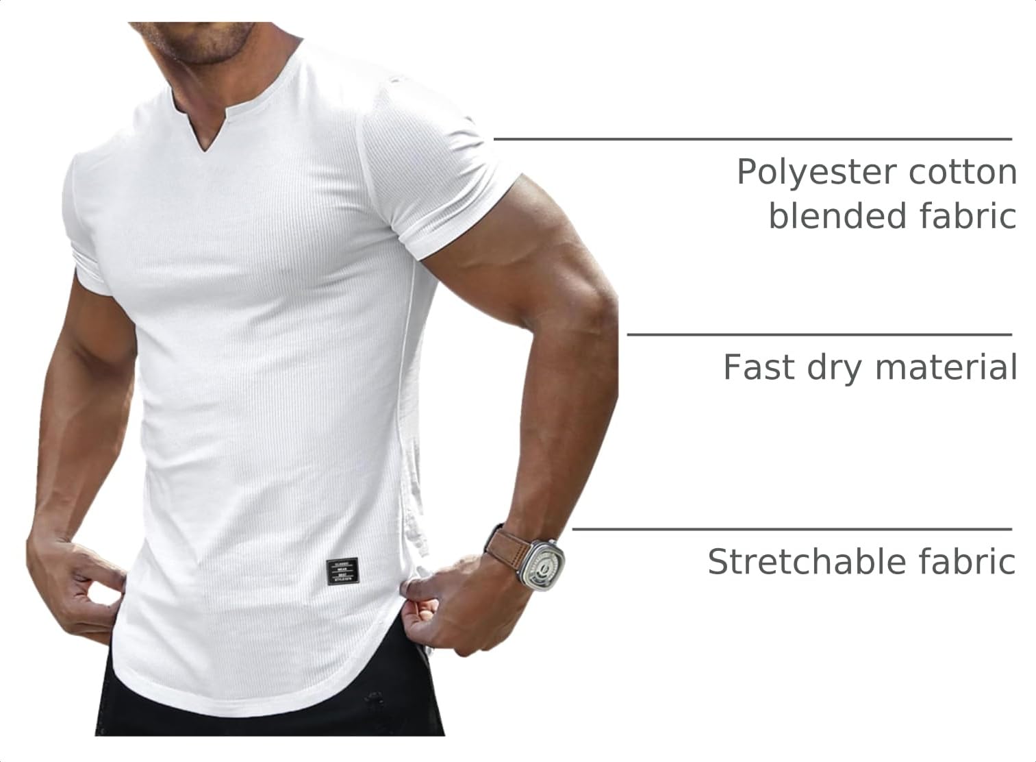 JMIERR Mens Muscle Slim T Shirts Texture V Neck Longline Henley Gym Workout Athletic Tee Shirt thumbnail