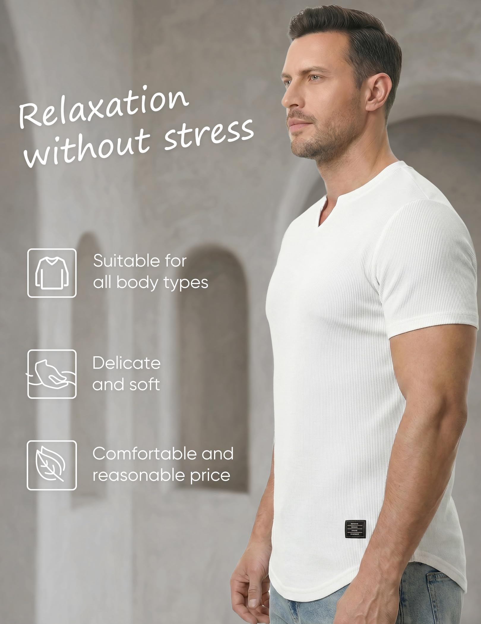 JMIERR Mens Muscle Slim T Shirts Texture V Neck Longline Henley Gym Workout Athletic Tee Shirt thumbnail