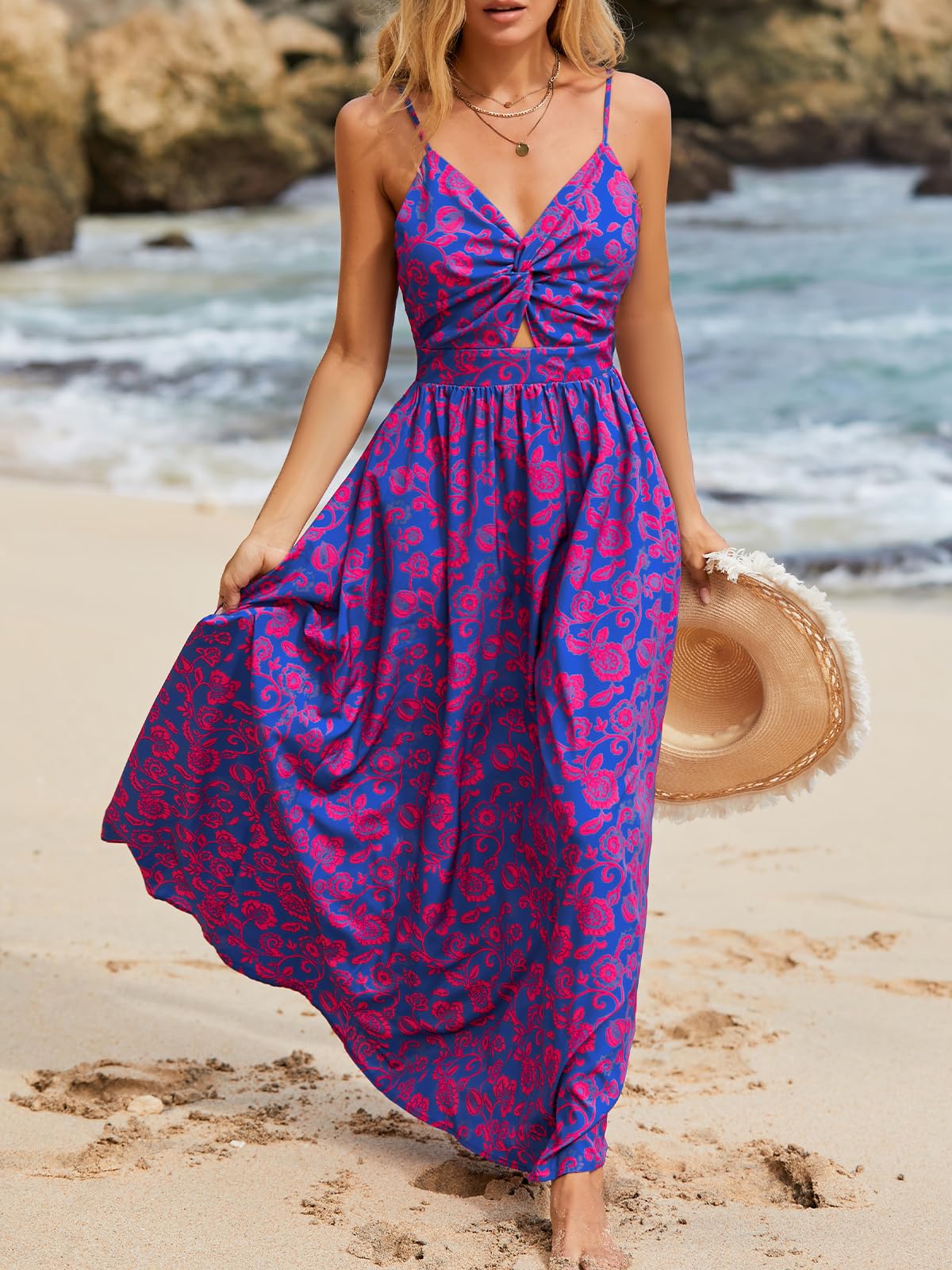CUPSHE Women's Maxi Dress Floral Print Twisted V Neck Sleeveless Long Dress Summer Casual Dress thumbnail