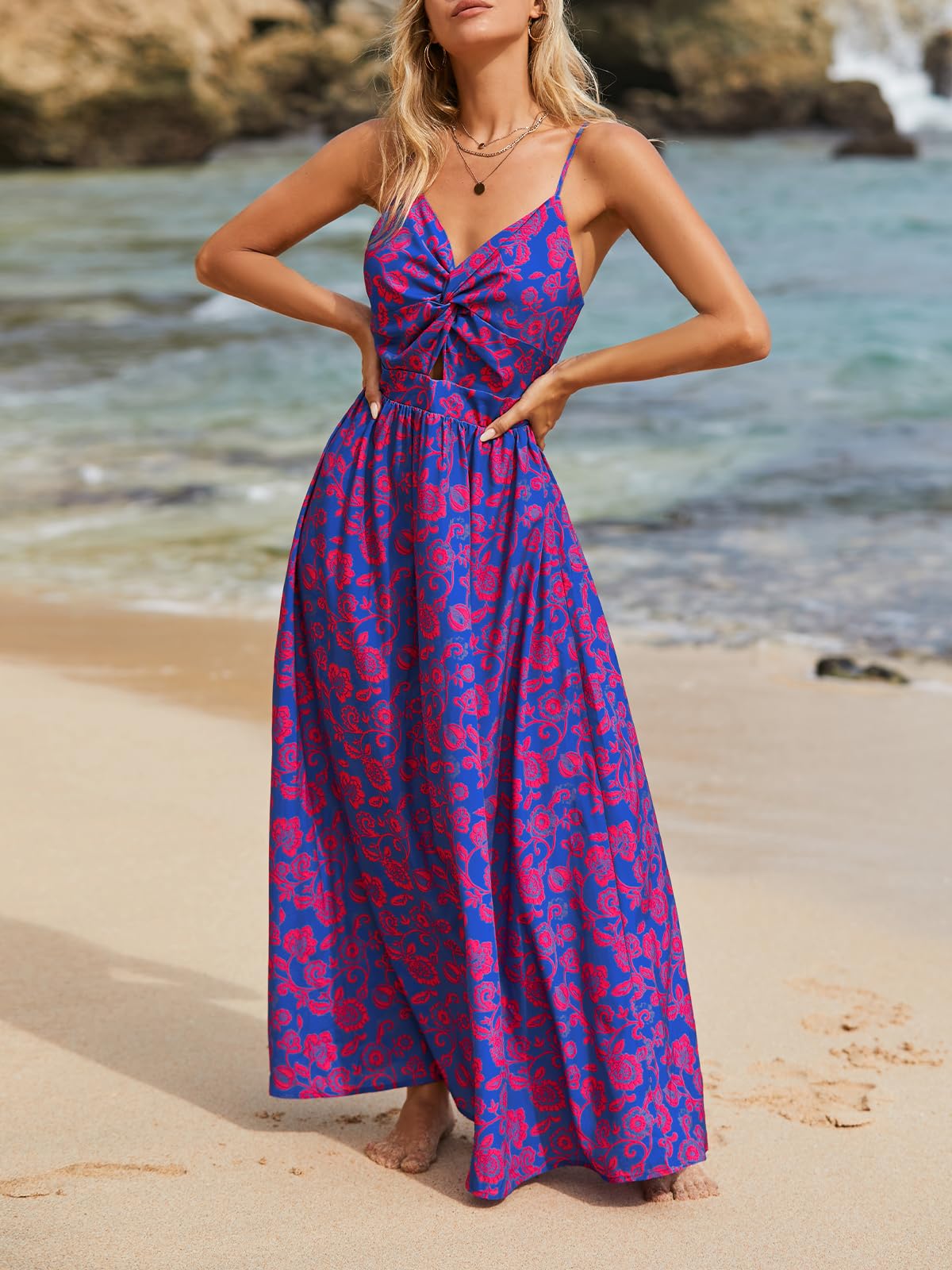 CUPSHE Women's Maxi Dress Floral Print Twisted V Neck Sleeveless Long Dress Summer Casual Dress thumbnail