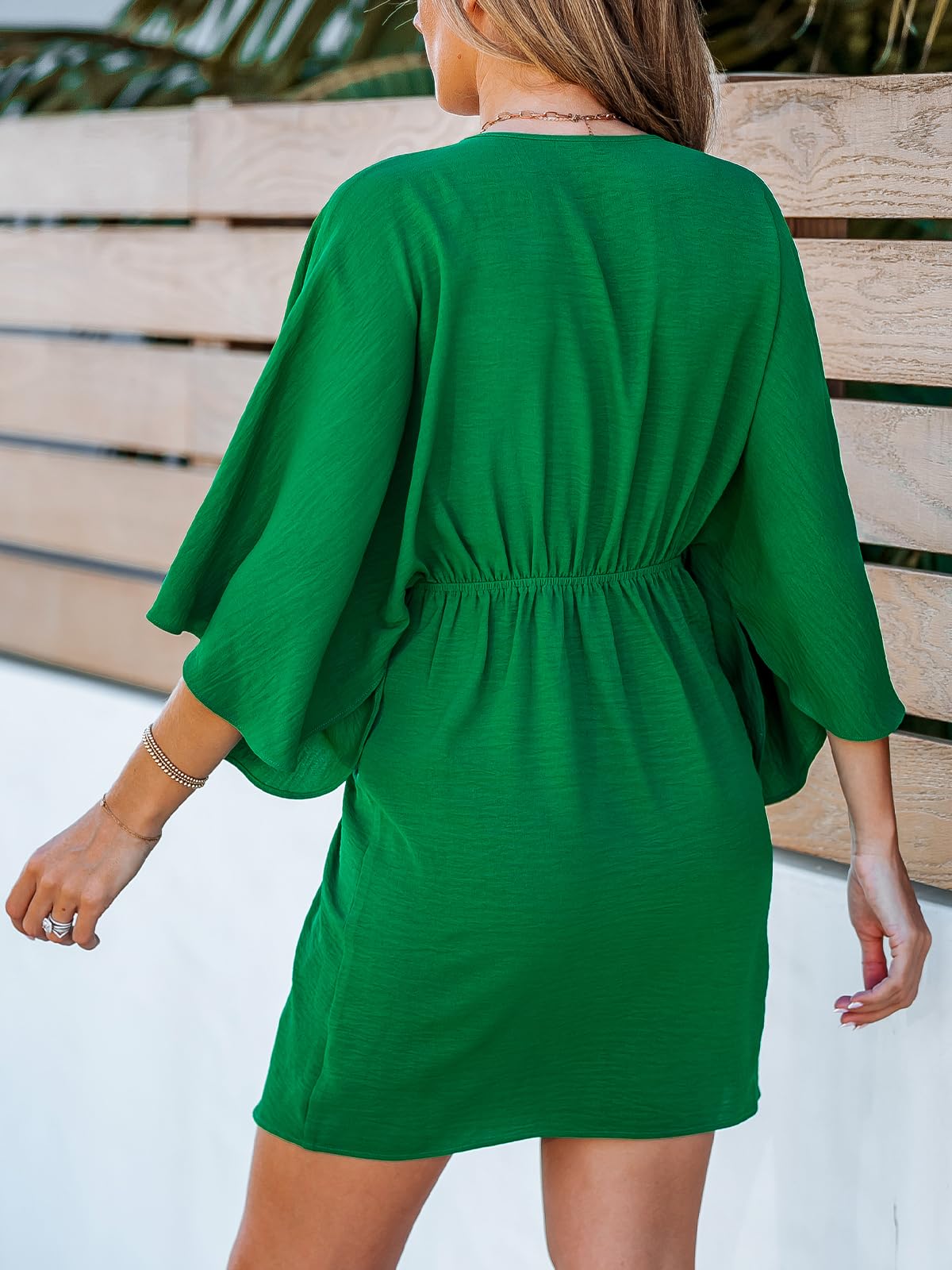 CUPSHE Womens Vacation Mini Summer Dress V Neck Kimono Sleeve Belted Flowy Loose Resort Wear Casual Beach Cover Up Dress thumbnail