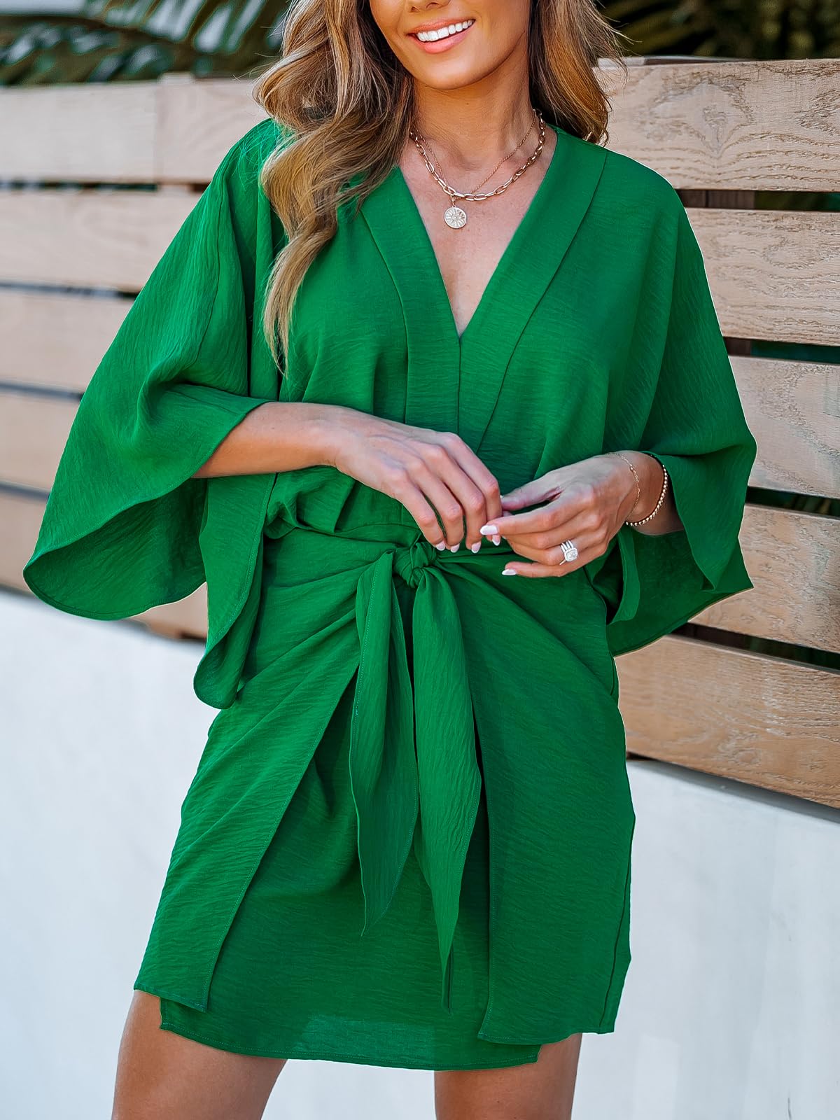 CUPSHE Womens Vacation Mini Summer Dress V Neck Kimono Sleeve Belted Flowy Loose Resort Wear Casual Beach Cover Up Dress thumbnail