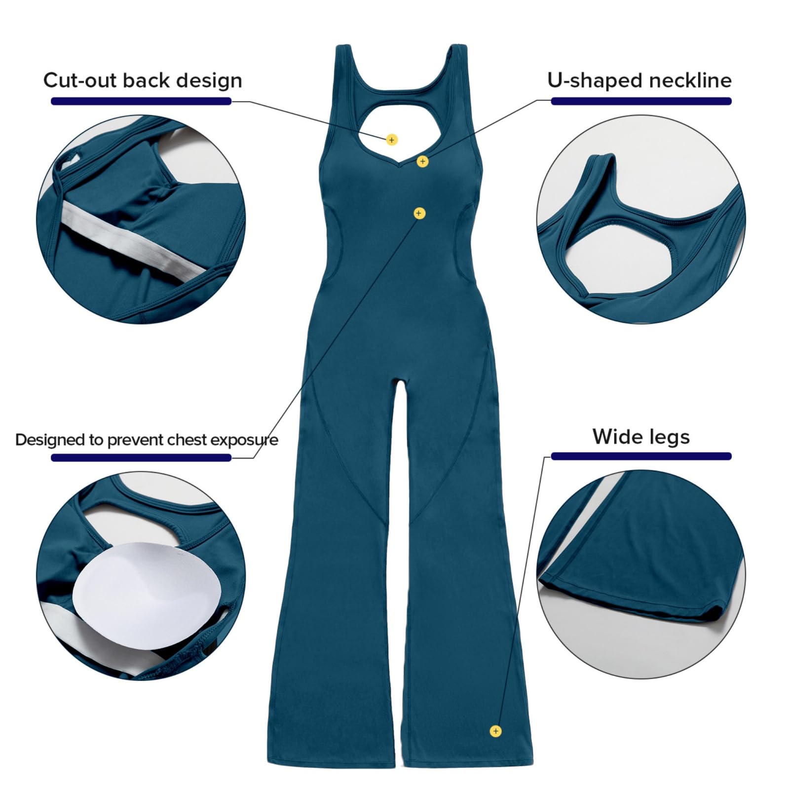 OEAK Womens Flare Jumpsuit with Bra Tummy Control Cutout Romper Workout Outfit Sleeveless Unitard One Piece Backless Bodysuit thumbnail