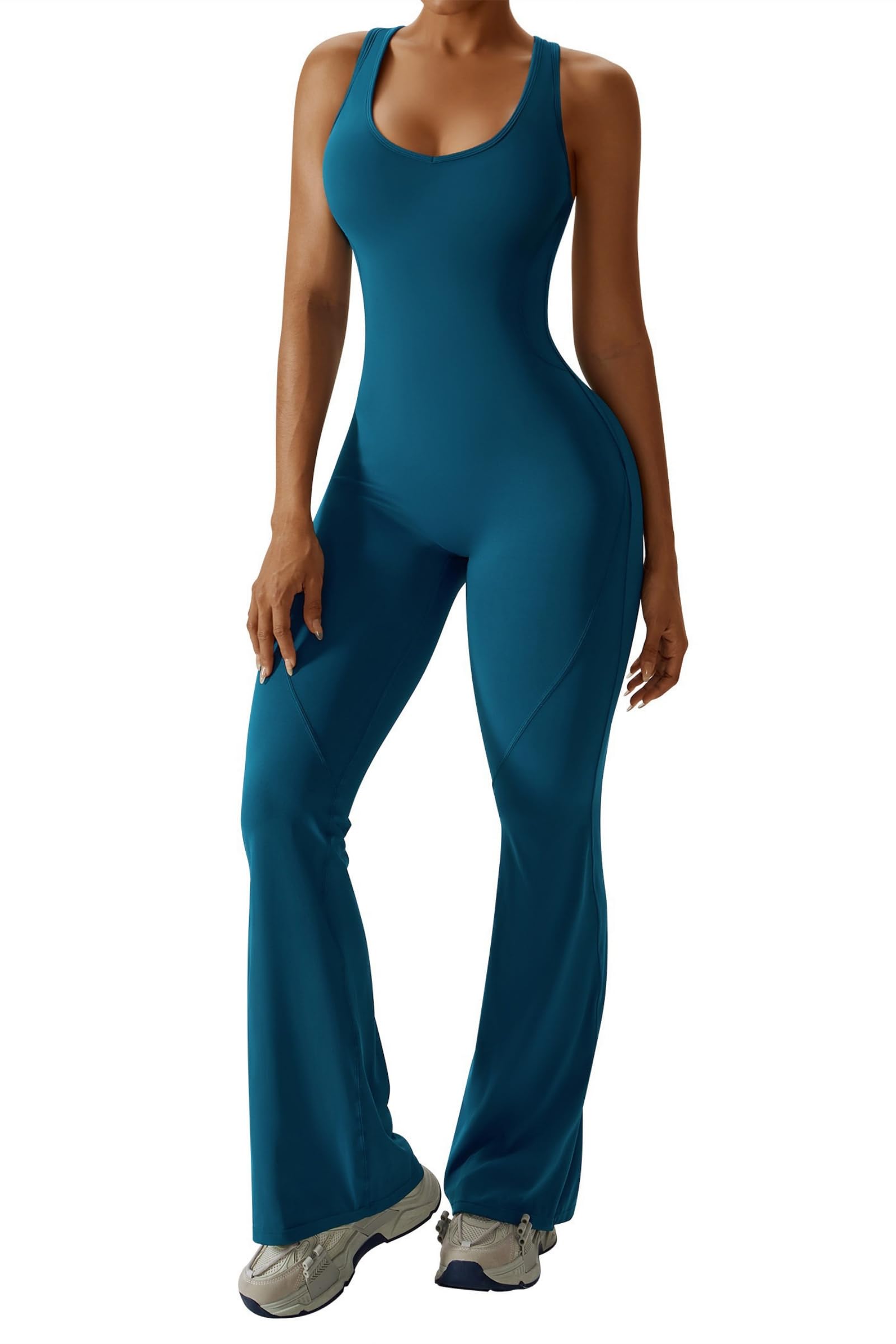 OEAK Womens Flare Jumpsuit with Bra Tummy Control Cutout Romper Workout Outfit Sleeveless Unitard One Piece Backless Bodysuit thumbnail