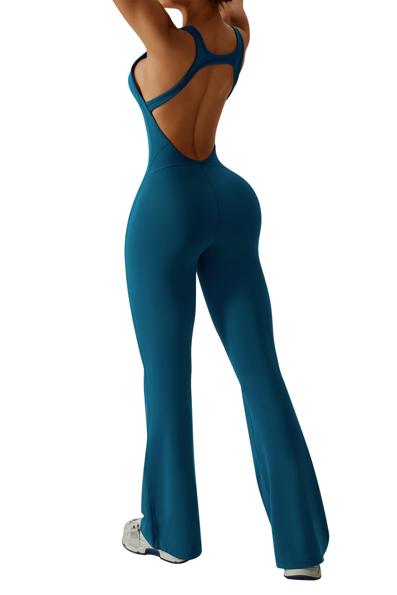 OEAK Womens Flare Jumpsuit with Bra Tummy Control Cutout Romper Workout Outfit Sleeveless Unitard One Piece Backless Bodysuit thumbnail