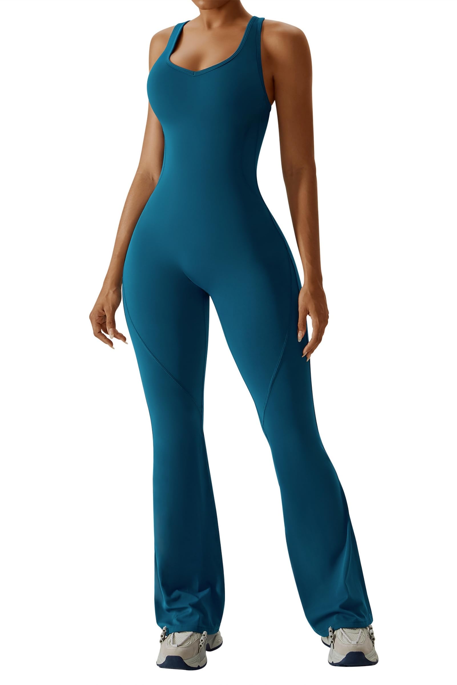 OEAK Womens Flare Jumpsuit with Bra Tummy Control Cutout Romper Workout Outfit Sleeveless Unitard One Piece Backless Bodysuit thumbnail