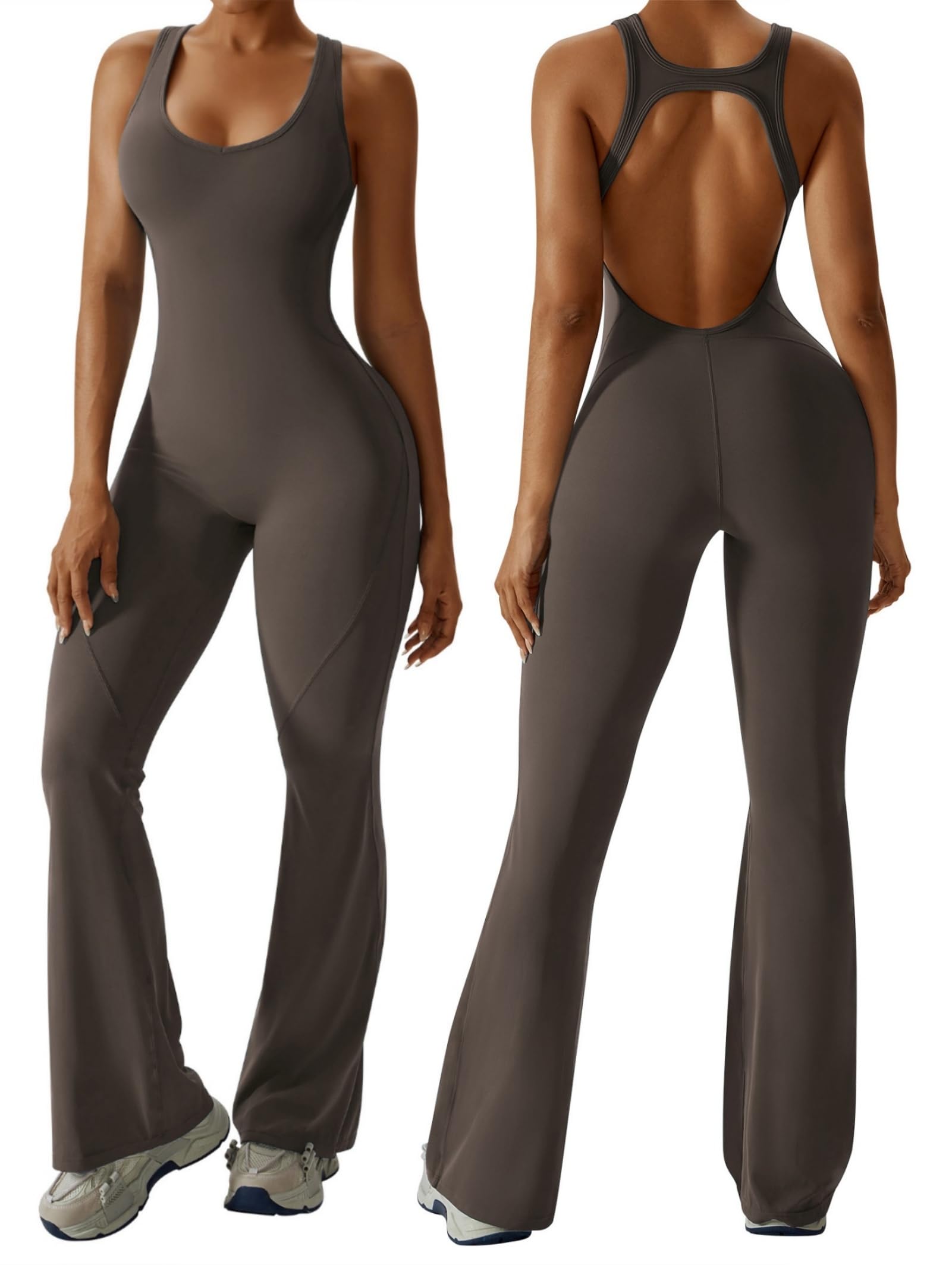 OEAK Womens Flare Jumpsuit with Bra Tummy Control Cutout Romper Workout Outfit Sleeveless Unitard One Piece Backless Bodysuit thumbnail