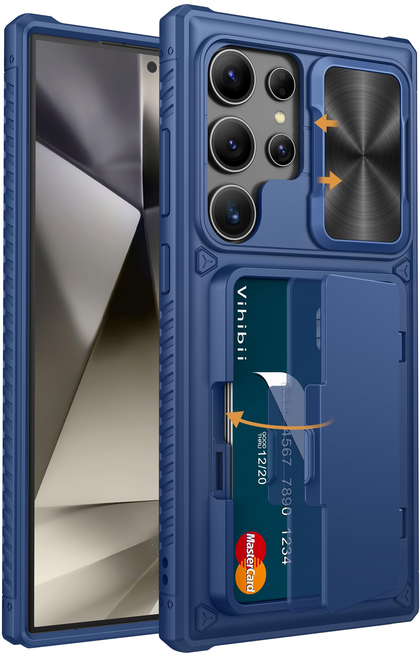 Vihibii for Samsung Galaxy S24 Ultra Wallet Case with Card Holder (4 Cards) & Slide Camera Lens Protective Cover & Kickstand, Heavy Duty Shockproof Rugged Case for Galaxy S24 Ultra 5G 6.8" 2024, Blue
