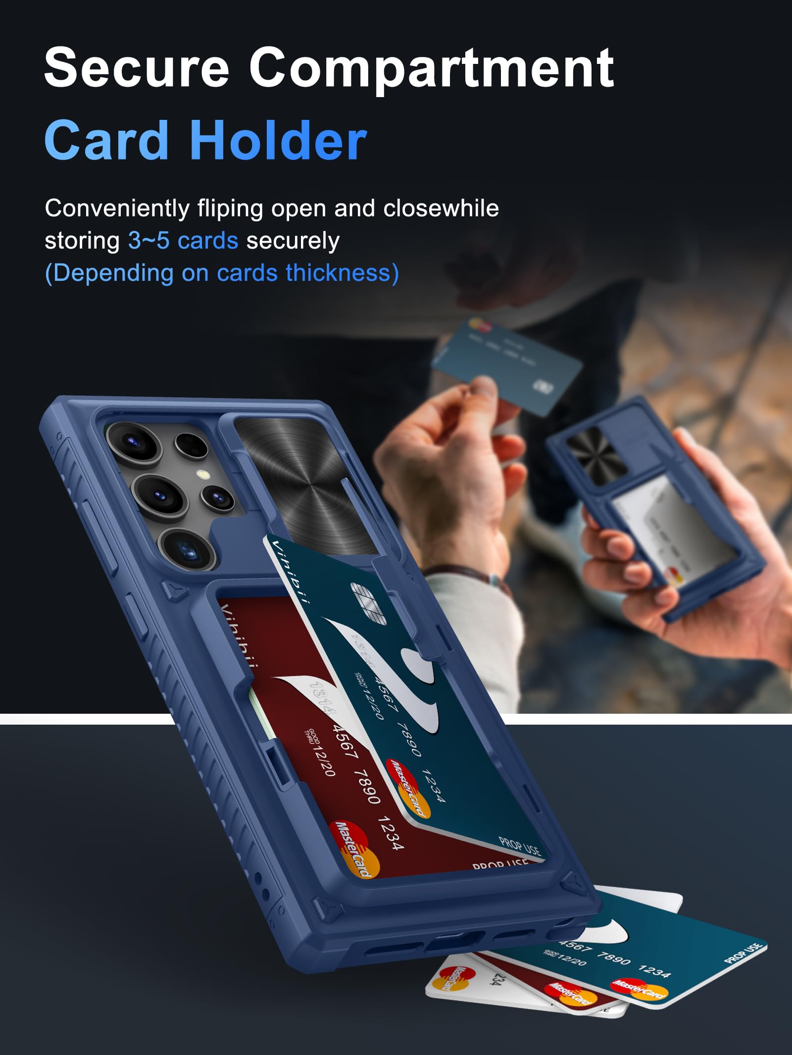 Vihibii for Samsung Galaxy S24 Ultra Wallet Case with Card Holder (4 Cards) & Slide Camera Lens Protective Cover & Kickstand, Heavy Duty Shockproof Rugged Case for Galaxy S24 Ultra 5G 6.8" 2024, Blue thumbnail