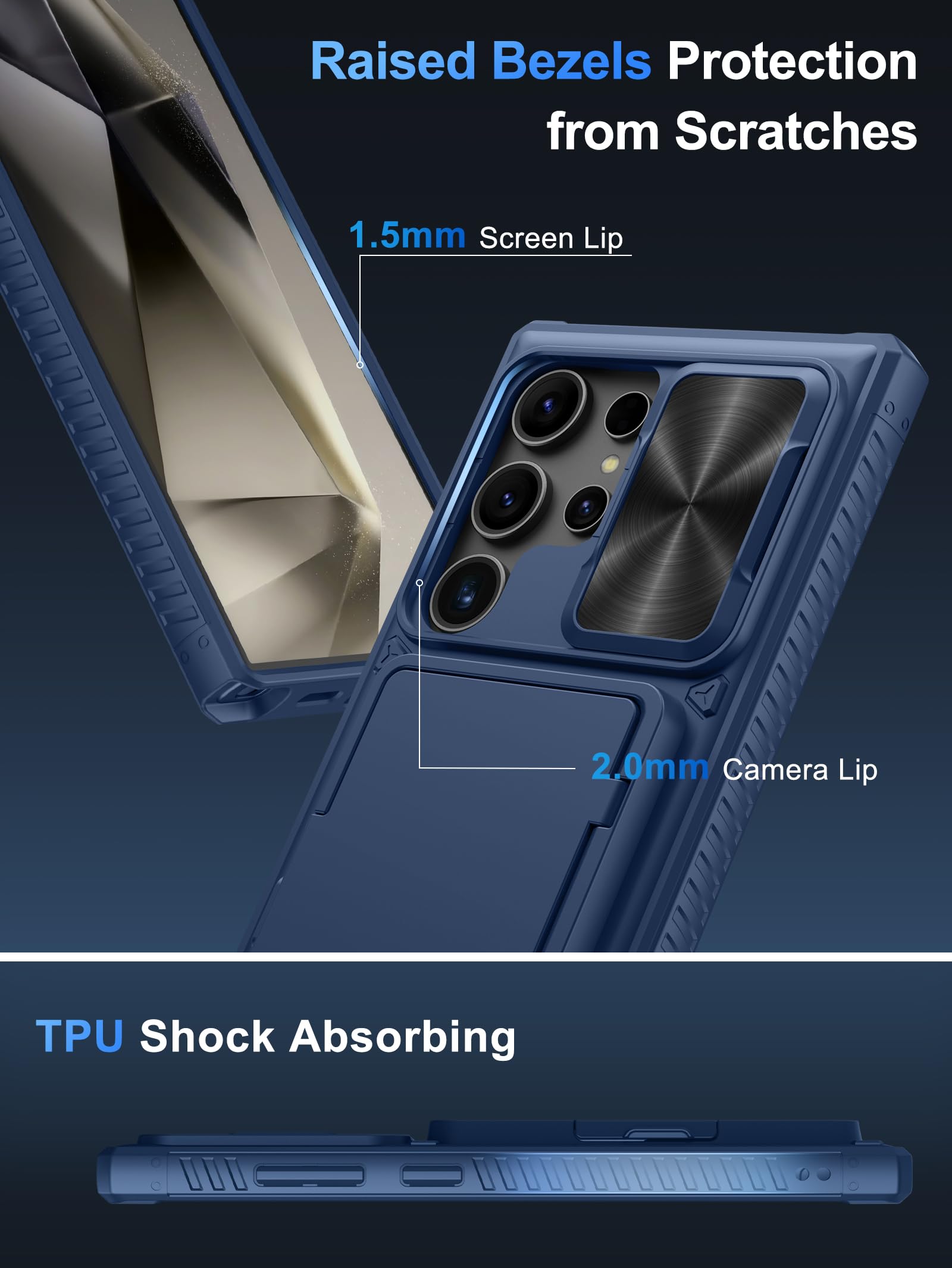 Vihibii for Samsung Galaxy S24 Ultra Wallet Case with Card Holder (4 Cards) & Slide Camera Lens Protective Cover & Kickstand, Heavy Duty Shockproof Rugged Case for Galaxy S24 Ultra 5G 6.8" 2024, Blue thumbnail
