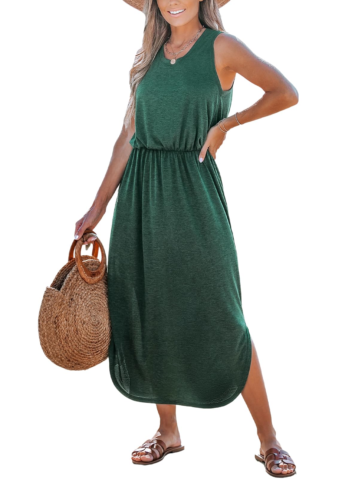 CUPSHE Women Knit Summer Dress Cover Up Crew Neck Elastic Waist Side Slit Midi Casual Sundress Beach Cover Up Dresses