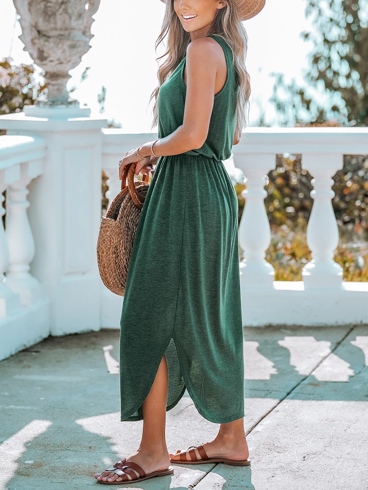 CUPSHE Women Knit Summer Dress Cover Up Crew Neck Elastic Waist Side Slit Midi Casual Sundress Beach Cover Up Dresses thumbnail